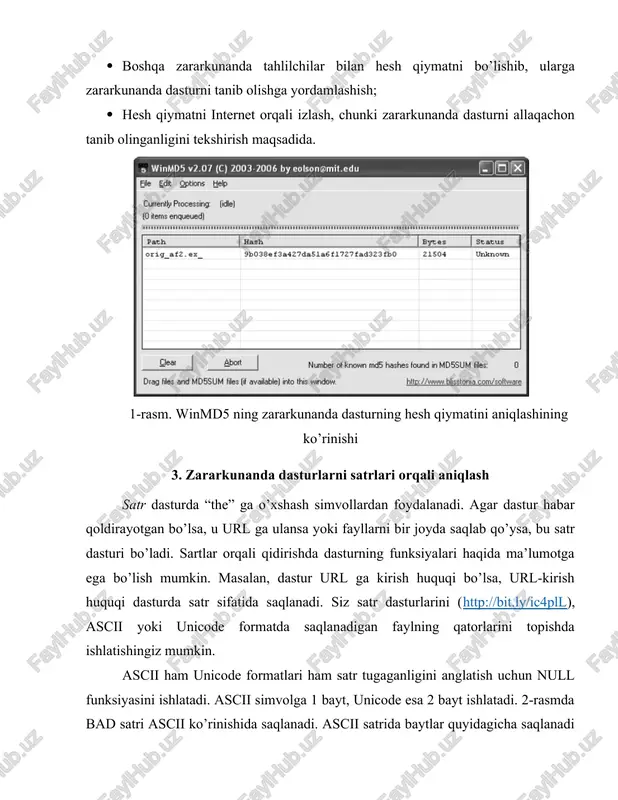 ar qoldirayotgan bo’lsa, u url ga ulansa yoki fayllarni bir joyda saqlab qo’ysa, bu satr dasturi bo’ladi. sartlar orqali qidirishda dasturning funksiyalari haqida ma’lumotga ega bo’lish mumkin. masalan, dastur url ga kirish huquqi bo’lsa, url-kirish huquqi dasturda satr sifatida saqlanadi. siz satr dasturlarini (http://bit.ly/ic4pll), ascii yoki unicode formatda saqlanadigan faylning qatorlarini topishda ishlatishingiz mumkin. ascii ham unicode formatlari ham satr tugaganligini anglatish uchun null funksiyasini ishlatadi. ascii simvolga 1 bayt, unicode esa 2 bayt ishlatadi. 2-rasmda bad satri ascii ko’rinishida saqlanadi. ascii satrida baytlar quyidagicha saqlanadi 0x42, 0x41, 0x44, 0x00 va ascii da 0x42 belgisi katta harf b ni ifodalaydi, 0x41 esa a va boshqalar. 0x00 esa satr oxirida null funksiyasini ifodalaydi. 2-rasm. asciida bad satrining ko’rinishi 3-rasm bad satrining unicode da ko’rinishi ifodalangan. unicode da satr quyidagi tarzda saqlanadi: 0x42, 0x00, 0x41va boshqalar. 0x42 va 0x00 katta b harfida 1 bayt joy oladi va null esa 0x00 2 bayt …