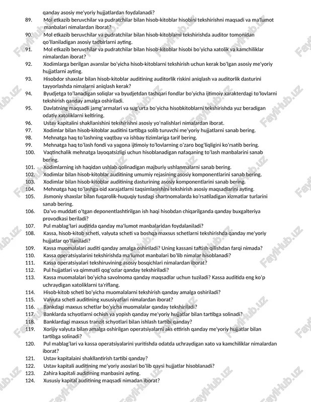 day tekshiriladi va ularning xususiyatlari nimalardan iborat? 51. nomoddiy aktiv deb nimaga aytiladi? 52. nomoddiy aktivning moddiy aktivdan qanday farqi bor? 53. nomoddiy aktiv – gudvillga tarif bering. 54. nomoddiy aktivlarni hisobga olish uchun schetlar rejasida qanday schetlar mavjud? 55. mulk huquqini beruvchi hujjat nima deb ataladi? 56. mualliflik huquqini beruvchi hujjatni nomi nima? 57. nomodiy aktivlarning inventarizatsiyasi nima uchun va qanday davrda o’tkazilishi shart? 58. nomoddiy aktivlar auditining manbalari sifatida qaysi hujjatlardan 220 foydalaniladi? 59. nomoddiy aktivlar auditining rejasi qaysi standartga asosan tuziladi? 60. nomoddiy aktivlar auditining dasturi qaysi me'yoriy hujjatga asosan tuziladi? 61. nomoddiy aktivlarga amortizatsiyaning qaysi usullari qo’llaniladi? 62. nomoddiy aktivlar auditida eng ko’p uchraydigan xatoliklar qaysilar? 63. tovar-moddiy zahiralar auditining maqsadi, vazifalari va ma'lumot manbalari nimalardan iborat? 64. tovar-moddiy zahiralar auditining ketma-ketligi qanday? 65. tovar-moddiy zahiralar mavjudligi va saqlanishi qanday tekshiriladi? 66. tovar-moddiy zahiralar omborxona va boshqa saqlash joylaridagi hisobi qanday tekshiriladi? 67. tovar-moddiy zahiralarii baholashning …