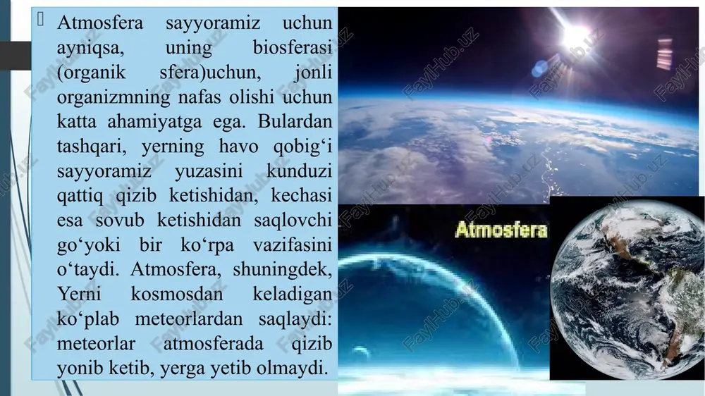 igan gazlar; muzlatgich va sovutgichlarning asosiy ishlashini ta’minlovchisi (freonlar) o’rmonlarga o’t ketishi; chiqindi va xazonlarning yoqilishi va hokazo… atmosferadagi suv va uning rejimi. bug`lanish. atmosferaning quyi qismida 12000 kub km suv bug’i bo’lib bu sayyoramizdagi suv miqdorining taxminan 0,001 % ini tashkil etadi. bulut havoning vertikal harakati natijasida hosil bo’ladi. bulutlar balandligiga, tashqi ko’rinishiga va boshqa xususiyatlariga ko’ra xalqaro kelishuvga muvofiq quyidagi 4 yarusga bo’linadi: 6000 m dan yuqorida bo’lgan baland bulutlar; 2000–6000 m balandlikda bo’lgan o’rta yarusli bulutlar; 2000 m dan pastda bo’lgan past bulutlar; 2000–3000 m balandda o’rnashgan vertikal tarqalgan bulutlar. ob – havo va havo massalari. biron joyda ma’lum vaqtda atmosferaning quyi qismida yuz beradigan hodisalar (tempratura, bosim, havoning absolyut va nisbiy namligi, yomg’ir, tuman, bulut, shamol, momaqaldiroq, chaqmoq va boshqalar) yig’indisiga ob – havo deyiladi. ob–havo o’zgarishi natijasida havo massalari almashinadi. yer sharini quyosh bir hilda isitmaydi va bir xil yoritmaydi, shunga ko’ra havoning holati hamma …