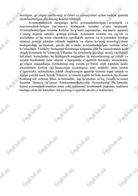 `nikishi hisoblanadi. axborot tizimlarining funksional qismi axborot tizimlarining vazifa va topshiriqlari bajarilishini ta’minlaydi. aatning hayot siklida quyidagi bosqichlar ajralib turadi: 1. loyiha oldi bosqichi 2. texnik loyihalashtirish 3. qo`llanma loyihalashtirish. 4. tadbiq etish. 5. ekspluatatsiya. shuni qayd etish lozimki, avtomatlasht shuni qayd etish lozimki, avtomatlashtirilgan axborot tizimlarining funksional qismi tarkibi va mazmuni ma’lum bir obyektga bog`liq. axborot tizimlarining ta’minlovchi qismi tarkibi va mazmuni turli obyektlar uchun bir xilda bo`ladi. avtomatlashtirilgan axborot tizimi (aat) modelning bu xususiyatlari axborot avtomatlashtirilgan axborot tizimi (aat) – axborotlar, axborotlarni ishlab chiqishda qo’llaniladigan iqtisodiymatematik usullar va modellar hamda boshqaruv qarorlarini qabul qilishga mo’ljallangan texnik, dasturiy, texnologik vositalar va mutaxassislarning majmuidir. tizimlarining xilma-xil turlarini vujudga keltiradi. aatni tashkil qilish tajribasi, muvofiqlashtirilgan usullarni iqtisodiy ish faoliyatiga tadbiq etish, ishlab chiqarish - xo’jalik jarayonlarining vaziyatlarini shakllantirish, davlat va tijorat tuzilmalarini zamonaviy texnik vositalar bilan jihozlash boshqaruvda axborot jarayonlari texnologiyasini tubdan o’zgartiradi. hozirda boshqaruv faoliyatining aat ko’plab tashkil qilinmoqda avtomatlashtirilgan …