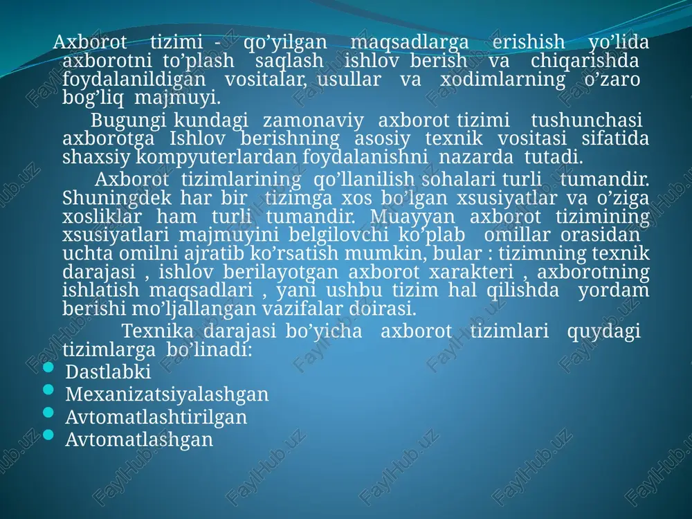 arini engillashtirish. eng tog’ri axborotga ega bo'lish. axborotlarni qog’ozda emas balki magnit yoki optik disklarda saqlash mahsulot ishlab chiqarish sarf harajatlarini kamaytirish. foydalanuvchilar uchun qulayliklar yaratish. axborot tizimlarida boshqaruv tuzilmasining o'rni axborot tizimi jamiyat va har bir tashkilot uchun quyidagilarni bajarishi lozim: axborot tizimining tuzilmasi va uning qo'llanilish maqsadi, jamiyat va korxona oldida turgan vazifa bilan to'g'ri kelishi kerak. masalan; tijorat firmasida – foydali biznes, davlat korxonasida ijtimoiy va siyosiy vazifalarni bajarishi kerak. 2. axborot tizimi inson tomonidan boshqarilishi va ijtimoiy etika prinsplari asosida foyda keltirishi kerak. 3. to'g'ri, kafolatli va o'z vaqtida axborotlarni mijoz yoki tizimlarga etkazishi lozim. hozirgai davrda turli maqsadlarga mo’ljallangan turli axborot tizimlari muvoffaqiyatli ishlab turibdi, ular foydalanuvchilarning axborot so’rovlarini qondirish uchun yo’naltirilgan. bunday tizimlarning o’ziga xos xsusiyati shundaki ularda so’rovga muvofiq topilgan axborotdan aynan shutizimning doirasida bevosita foydanilmaydi, balki foydalanuvchiga beriladi, u olingan axborotda o’ziga zarur istalgan maqsadda foydalanadi. aeroport va temir yo’l transportida joylarni …