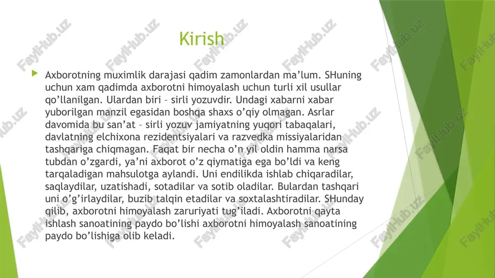 umotlari to’plami, elektron ma’lumotlar, elektron massivlardan ularning egasidan ruxsat so’ramasdan foydalanishdir. bulardan tashqari, bu xarakatlardan moddiy foyda olishga intilish ham rivojlandi. axborotning himoyasi deb, boshqarish va ishlab chiqarish faoliyatining axborot xavfsizligini ta’minlovchi va tashkilot axborot zaxiralarining yaxlitliligi, ishonchliligi, axborotning hayotiy davri axborotni saqlash va arxivlash so’rovlar bo’yicha axborotlarni tanlash axborotni qayta ishlash saqlash uchun axborotlarni tizimlashtirish, tartibga solish va o’girish axborotdan foydalanish olingan axborot axborotlarni foydaliligi va aniqligi bo’yicha baholash hisobot ma’lumotlari birlamchi axborot axborotlarni yangilab turish eski axborotlarni yo’kotish - 8 - foydalanish osonligi va maxfiyligini ta’minlovchi qatiy reglamentlangan dinamik texnologik jarayonga aytiladi. axborotning egasiga, foydalanuvchisiga va boshka shaxsga zarar yetkazmokchi bo’lgan nohuquqiy muomaladan xar qanday xujjatlashtirilgan, ya’ni identifikatsiya qilish imkonini beruvchi rekvizitlari qo’yilgan xolda moddiy jismda qayd etilgan axborot ximoyalanishi kerak. image1.png v a g) e1 x ge © oakin| ayzagruskalar/axborot xavtsiligi pat ae a axborotning hayotiy davri axborotni saqlash va so’rovlar bo’ yicha axborotni qayta arxivlash axborotlarni …