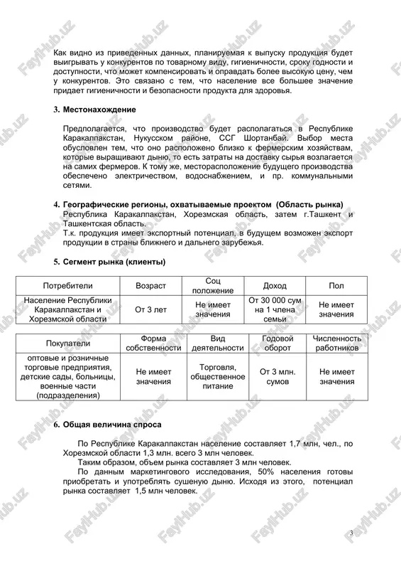 e bolshee znachenie pridaet gigienichnosti i bezopasnosti produkta dlya zdorovya. 3. mestonaxojdenie predpolagaetsya, chto proizvodstvo budet raspolagatsya v respublike karakalpakstan, nukusskom rayone, ssg shortanbay. vibor mesta obuslovlen tem, chto ono raspolojeno blizko k fermerskim xozyaystvam, kotorie virashivayut dinyu, to est zatrati na dostavku sirya vozlagaetsya na samix fermerov. k tomu je, mestoraspolojenie budushego proizvodstva obespecheno elektrichestvom, vodosnabjeniem, i pr. kommunalnimi setyami. 4. geograficheskie regioni, oxvativaemie proektom (oblast rinka) respublika karakalpakstan, xorezmskaya oblast, zatem g.tashkent i tashkentskaya oblast. t.k. produktsiya imeet eksportniy potentsial, v budushem vozmojen eksport produktsii v strani blijnego i dalnego zarubejya. 5. segment rinka (klienti) potrebiteli vozrast sots polojenie doxod pol naselenie respubliki karakalpakstan i xorezmskoy oblasti ot 3 let ne imeet znacheniya ot 30 000 sum na 1 chlena semi ne imeet znacheniya pokupateli forma sobstvennosti vid deyatelnosti godovoy oborot chislennost rabotnikov optovie i roznichnie torgovie predpriyatiya, detskie sadi, bolnitsi, voennie chasti (podrazdeleniya) ne imeet znacheniya torgovlya, …