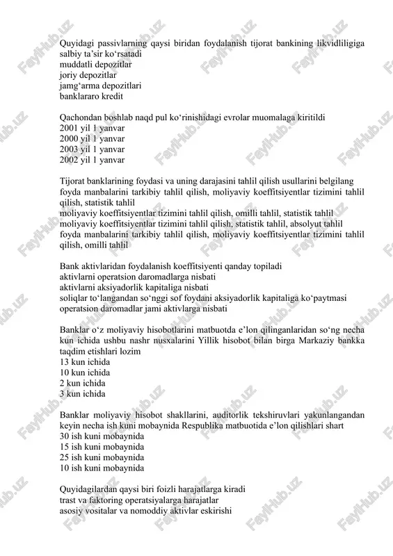 imlarga hisoblangan ish haqi transport va boshqa xizmat ko‘rsatish harajatlari quyidagilardan qaysi biri foizsiz daromadlarga kiradi ortiqcha chiqqan mulk va pullar muddati o‘tgan kreditlardan yuqori stavkali foizlar investitsiyalar moliyaviy leveraj koeffitsiyenti: mazkur davr ichida jamg'armalar necha marta aylanishda bo‘lganligini ifodalaydi jamg'armalar aylanuvchanligining davomliligini kunda ifodalaydi qarz oluvchining o‘z kapitali bilan qay darajada ta’minlanganligini tavsiflaydi foydaning qanday qismi foizlar va to‘lovlar hisobiga qoplanganlik darajasini ifodalaydi asosiy kapital bank umumiy kapitalining: 25 foizidan kam bo‘lmasligi kerak 33 foizidan kam bo‘lmasligi kerak 40 foizidan kam bo‘lmasligi kerak 50 foizidan kam bo‘lmasligi kerak xalqaro moliya korporatsiyasiga o‘zbekiston qachon a’zo bo‘lgan. 1990 yil 2000 yil 1992 yil 2008 yil “bank siri to‘g‘risida”gi qonun nechanchi yilda qabul qilingan 2003 yil 30 avgust 2003 yil 25 avgust 2003 yil 25 iyul 2003 yil 30 iyul o‘zbekiston respublikasi markaziy banki bazel qo‘mitasiga nechanchi yilda a’zo bo‘lgan 1996 yil 2008 yil 1995 yil 2000 yil respublikamiz bank amaliyotida forfeyting …
