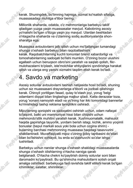 katta derazalar toza, yorug 'xonani namoyish etadi va yo'lning har ikki tomonidagi bannerlar ko'rinishidagi tashqi reklama taniqlilikni oshiradi. mijozlarning qoniqishi va sadoqatini oshirish uchun, odam nafaqat to'laqonli, balki uni mamnuniyat hissi bilan chiqishi uchun mehmondo'stlik muhitini yaratish kerak. xushmuomalalik, mahsulot haqida gapirishga tayyorlik, yordam berish istagi, kichik, ammo yoqimli bonuslar (bepul markali sous yoki bola uchun ozgina shirin) - bularning barchasi mehmonning muassasa haqidagi tasavvurini shakllantiradi. muvaffaqiyatli mijoz o'zining ijobiy tajribasini do'stlari bilan bo'lishishni xohlaydi, bu erda so'zlashuvchi so'zlar ishga tushiriladi. barbekyu uchun narxlar shunga o'xshash shakldagi muassasalarda shunga o'xshash idishlarning o'rtacha narxiga qarab belgilanadi. o'rtacha chekni ko'paytirish doimiy sotuvlar soni bilan daromadni ko'paytiradi. bu qo'shimcha mahsulotlarni sotish orqali amalga oshiriladi: barbekyuga faol ravishda taklif etilishi kerak bo'lgan ichimliklar, salatlar, shirinliklar. 5. ishlab chiqarish rejasi ishga tushirish bosqichlari: · ip-ni ro'yxatdan o'tkazing · xonani ijaraga oling · uskunalar va mebellarni sotib oling, ta'mirlash qiling · yo'nalishni ishlab chiqing · xodimlarni …