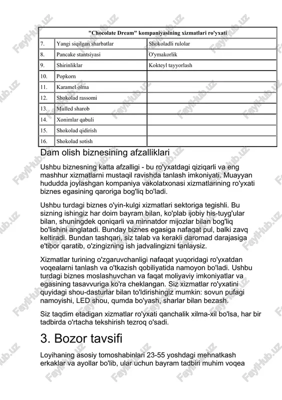. xizmatlar turining o'zgaruvchanligi nafaqat yuqoridagi ro'yxatdan voqealarni tanlash va o'tkazish qobiliyatida namoyon bo'ladi. ushbu turdagi biznes moslashuvchan va faqat moliyaviy imkoniyatlar va egasining tasavvuriga ko'ra cheklangan. siz xizmatlar ro'yxatini quyidagi shou-dasturlar bilan to'ldirishingiz mumkin: sovun pufagi namoyishi, led shou, qumda bo'yash, sharlar bilan bezash. siz taqdim etadigan xizmatlar ro'yxati qanchalik xilma-xil bo'lsa, har bir tadbirda o'rtacha tekshirish tezroq o'sadi. 3. bozor tavsifi loyihaning asosiy tomoshabinlari 23-55 yoshdagi mehnatkash erkaklar va ayollar bo'lib, ular uchun bayram tadbiri muhim voqea bo'lib, daromadning bir qismini bayramni samarali tashkil etishga sarflashga tayyor. bundan tashqari, ushbu maqsadli mijozlar nafaqat o'zlari uchun, balki ularning farzandlari uchun ham korporativ ishchilar uchun bayramona shou buyurtma berishadi. siz o'zingizning biznesingizni ochishni rejalashtirgan shaharda odamlarning soniga qarab, yil davomida qancha tantanalar o'tkazilishini hisoblashingiz mumkin. kompaniyaning xizmatlariga talab katta bo'lgan ta'tillarning taxminiy ro'yxatini beramiz. bayram tadbirlari - xizmatlarni amalga oshirish uchun platforma: · tug'ilgan kun · kasalxonadan ko'chirma · to'y …