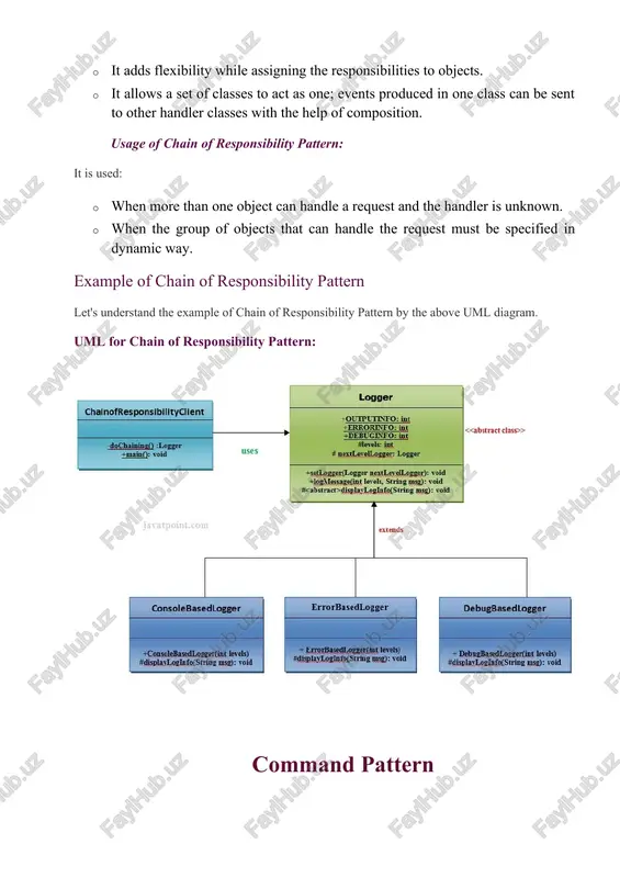 mmars but in this area there are better solutions that is why it is not frequently used. this pattern can applied for parsing the expressions defined in simple grammars and sometimes in simple rule engines. advantage of interpreter pattern · it is easier to change and extend the grammar. · implementing the grammar is straightforward. usage of interpreter pattern: it is used: · when the grammar of the language is not complicated. · when the efficiency is not a priority. example of interpreter pattern let's understand the example of interpreter pattern by the above uml diagram. uml for interpreter pattern: iterator pattern according to gof, iterator pattern is used "to access the elements of an aggregate object sequentially without exposing its underlying implementation". the iterator pattern is also known as cursor. in collection framework, we are now using iterator that is preferred over enumeration. advantage of iterator pattern · it …