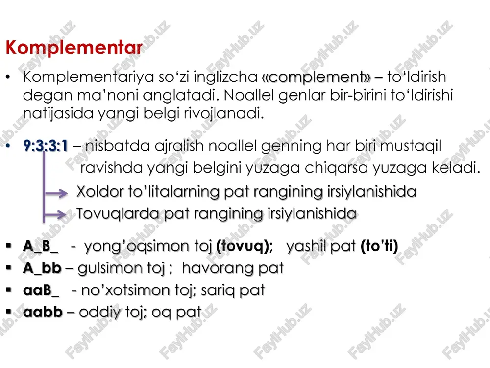,a, 9 8@ 6 |e 12 a,a, a,a, a,a, 4,4, a,a, a,a, a,a, a,a, 56-rasm. genlarning o‘zaro 1:4:6:4:1 nisbatda polimer ta’siri. peyotropiya genlarning ko‘p tomonlama ta’ siri pleyotropiya deyiladi. genlarning pleyotrop ta’siri birinchi marta g. mendel tomonidan aniqlangan, bunda u to‘gq qizil gulli o‘simliklarning barg go'ltig‘ida qizil dog‘larni, urug’ po‘sti esa kulrang yoki qo‘ng'ir rangda bo'lishini kuzatgan. pleytrop genlarning ba’zan letal xarakterga ega bo'ladi. odamada retsessiv irsiy kasallik — o‘rogsimon anemiya uchraydi. gemoglobin molekulasida aminokislotalardan birining o'rin almashib qolishi eritrotsit shaklining o‘zgarishiga olib keladi. shu bilan bir vagtda yurak-qon tomir, nerv, ovqat hazm gilish, ayirish sistemalarida chuqur o'‘zgarishlar yuzaga chiqadi. mazkur kasallik bo'yicha gomozigota organizm bolalikda nobud bo'ladi. genlarning modifikator ta’ siri organizm genotipida belgiga bevosita ta’sir etuvchi gendan tashqari ushbu genlar faoliyatini kuchaytiruvchi yoki susaytiruvchi genlar ham bo'ladi. bunday genlar modifikator genlar deb nomlanadi. masalan: qoramol yungi ba’zan ola-bula rangda bo'ladi. bu belgi bitta asosiy retsessiv gen va ikkita …