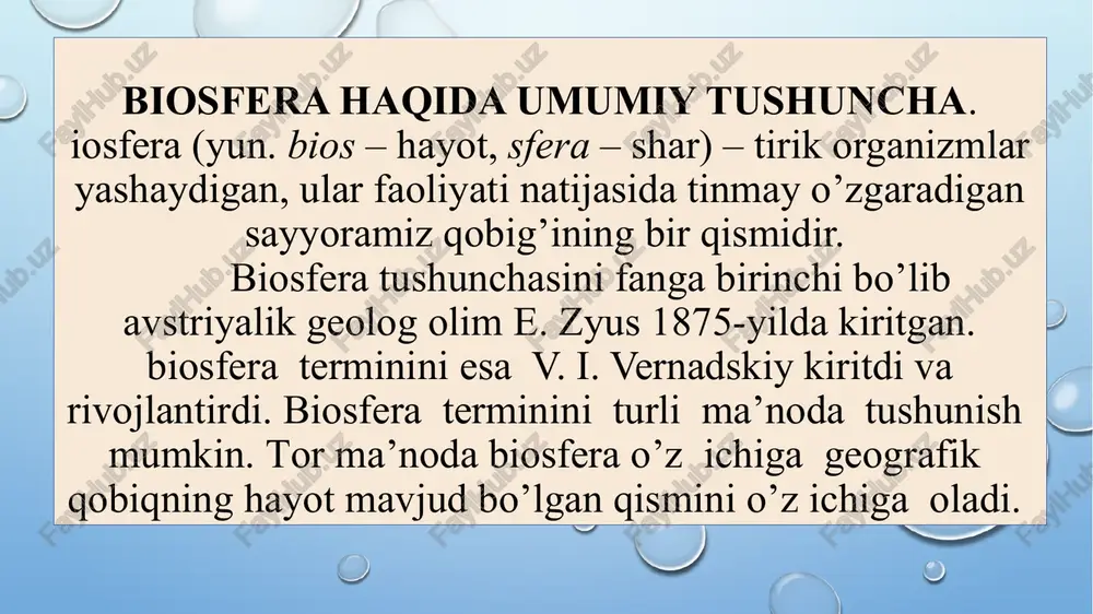 ta ximiyaviy element tashkil qiladi va yer sharining tuzilishini tarkibini ham 98,9% i shu elementlarga to‘g`ri keladi. shunday qilib hayot bu yer sharining ximiyaviy ishlab chiqarish mahsulidir. tirik organizmlarda mendeleyev davriy sistemasidagi barcha elementlar uchraydi. image3.png image2.png image4.jpg image5.png image6.jpeg image7.jpeg image8.jpeg image1.png biosferaning asosiy vazifasi yerdagi hayot shakllarining xilma- xilligini va ularning uzoq davr mobaynida saqlanishini ta’minlashdan iborat. biosfera darajasining asosiy yo‘nalishi biologik xilma-xillikning saqlanishi orgali biosferaning dinamik bargarorligini ta’minlashdan iborat. /docprops/thumbnail.jpeg mavzu: biosfera va atmosfera,