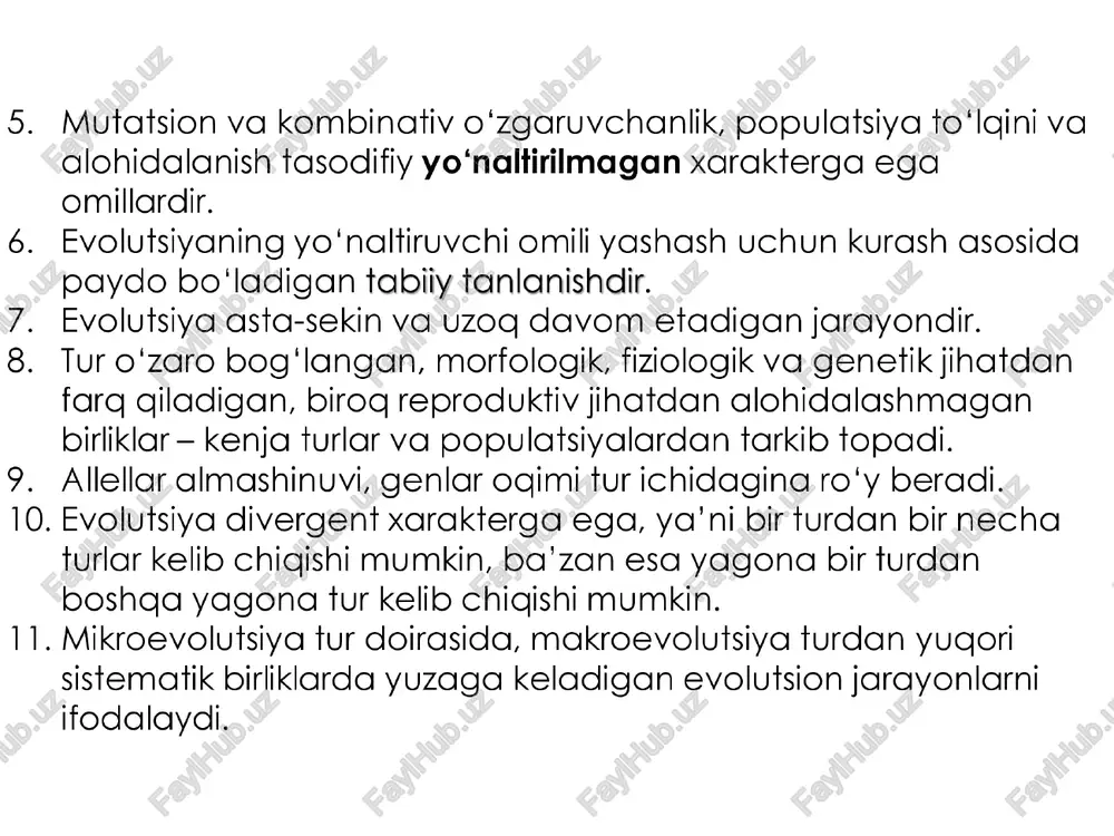 o, amudaryoda yashaydi, unga yagin bo'lgan balig turlari shimoliy amerikaning missisipi daryosida yashaydi. g'oza aviodiarining kelib chiqishi. simpatrik yo’nalishda kelib chiqgqan turlar 1. filippinda 10 ming yil oldin paydo bo'lgan lanao ko'lida yagona bitta ajdod balig turidan18 ta balig turi, yonsuzar qisqichbaqa turkumining bir ajdod turidan 250 ta yang tur paydo bo'lgani ma’lum. 2. chittaklarning 5 ta turi kelib chiqgan: ¢ katta chittak - bog'larda yirik hasharotlar bilan, ¢ moskovka chittagi - hasharotlar tuxumlari va qurtlari bilan, ¢ lazorevka chittagi - po'stlog'i orasidagi mayda hasharotlar ¢ kokilchali chittak - o‘simlik urug‘lari bilan oziglanadi. 3. xromosoma va genom mutatsiyalari, duragaylash natijasida yang turlarning hosil bo'lishi ham simpatrik tur hosil bo'lish yo'nalishiga misol bo'ladi ¢ skerda avlodida 3, 4, 5, 6, 7 xromosomalli turlar; ¢ llog aviodida 12 dan 43 tagacha bo'lgan xromosomali turlari ¢« xrizantema avlodiga kiruvchi 18, 36, 90 xromosomalli; ¢ tamaki aviodiga 24, 48, 72, xromosomali turlar; ¢ bug'doyda …