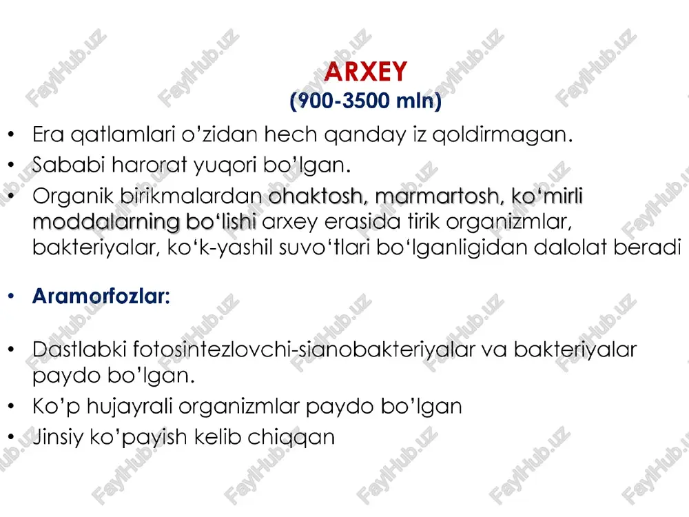 chuvchi hasharotlar- suvaraklar, ninachilar rivojlangan suduralib yuruvchilar kelib chiqgan (1 1-sinf biologiya) perm davri ¢ iqlim bir muncha qurug va sovug bo'lgan. ¢ amfibiyalarning ancha qismi airilib ketgan ¢ amfibiyalarning ma’lum guruhidan — suduralib yuruvchilar kelib chiqqan. (10-sinf) mezozoy (175 - 230 min) v davrlari trias yura bo’r trias davri o'rmonlar ignabargli o‘simliklar, sagovniklar, soorali o'simliklardan iborat bo'lgan. suduralib yuruvchilarning keyingi oyoglari keyingi oyoaglari oldingisiga nisbatan kuchli rivojlangan (idioadaptatsiya) hozirgi kaltakesak va toshbagqa ajdodiari kelib chiqgqan. toshbaqa avlodi - plakexelius yashagan dastlabki kattaligi kalamushdek sutemizuvchilar kelib chiqqan, ular hozirigi o’rdakburun va yexidnaga o'’xshash bo'lgan. yura davri ¢ o'rmonlarda ochig urug'lilar hukmronlik gilgan. ularning ba’zilari, ya’ni sekvoyalar hozirgi vagqtgacha yetib kelgan. ¢ dastlabki gulli o’simliklar (magnoliyatoifa) kelib chiqqan. ¢ ©o'txo’r suduralib yuruvchilarning bo’yi 20-25 m ga yetgan. ¢ ayrim suduralib yuruvchilar havo muhitiga ham moslashgan. ¢ dastlabki qush — arxeopteriks kelib chiqgan. bo’r davri * qirqquloglar va ochiq urug'lilar kamaya boshlagan. …