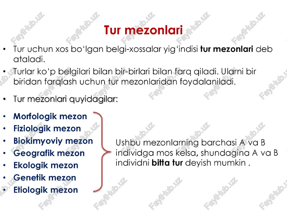 gan areali nihoyatda keng maydonni egallashi mumkin. * bu esa o'z navbatida geografik mezon boshga mezonlar kabi nisbiyligidan dalolat beradi. ekologik mezon bir turga kiruvchi organizmlar ma'lum muhit sharoitiga moslashgan, biogeosenozda o'zining ekologik o'rniga ega va o'zining aniq funksiyasini bajaradi. masalan: zaharli ayiqtovon - dalalar, yayloviarda sudraluvchi ayiqtovon - daryo qirg‘oqglari va ariq chetlarida achishtiradigan ayiqtovon - botgodliklarda genetik mezon bu mezon xromosomalar soni, shakli, tuzilishi, maxsus bo‘yoglar bilan bo'yalishi bilan ifodalanadi. demak bu mezonga ko’ra bir turga mansub turlarda xromosomalar soni bir xil aksincha har xil turlarda xromosomalar soni turlicha bo’ lishi kerak. lekin har turlarda ham xromosomalar soni bir xil bo’ lib golishi ushbu mezonni nisbiyligini ko’rsatatdi. masalan: karam = turp (2n=18) qalampir = olxo’ri (2n =48) etiologik mezon mezonga ko'ra bir turga mansub individlar boshqa turga mansub individlardan xulq-atvori va xatti-harakati bilan farg giladi. demak a va b individlarni bir tur deyishlik uchun ularning harakterilari ham o’zaro …