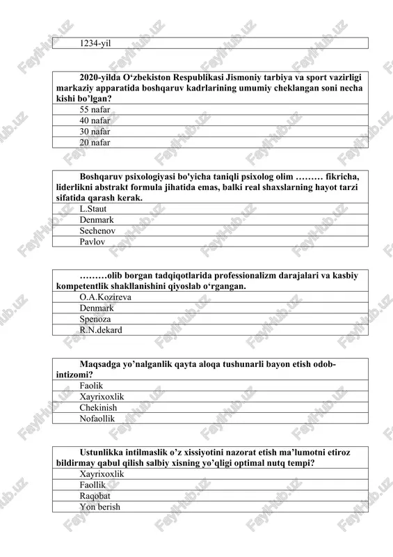 temperament? sangvenik xalerik melanxolik flegmatik nerv sistemasidagi qo’zg’alish va tormzlanish jarayonlari kuchli temperament? xalerik melanxolik flegmatik sangvenik xarakatlari sekin shoshilmas va sabr toqatli tanxolikni yaxshi ko’radi bu qaysi temperament? flegmatik xalerik sangvenik melanxolik nozik didli xissiyotga o’ta berilgan uchun ichki dunyosiga va kechinmalriga etiborli temperament? melanxolik xalerik flegmatik sangvenik tashkilot miqyosida xodimlarni klassifikatsiyalashda oid yana bir yondashuv psixotiplar haqidagi talimotni tadbiq qilgan olim? k. yung pavlov sechenev freyd o’zgalar bilan muloqotda bo’lishga extiyoji katta va bu orqali uziga g’ayrat oladi bu qaysi psixotip? ekstravert introvert xalerik sangvenik yakka tanxo qolganda uzini yaxshi his qiladi fikr va o’ylarini boshqalar bilan o’rtoqlashmaydi bu qaysi psixotip? introvert ekstravert melanxolik flegmatik liderlikka va boshqaruvga intiluvchi shaxs? realist idealist materialist kamunist bunday kimsalarga lavozimda o’sish maosh birinchi o’rinda turadi? pragmatiklar realistlar materialist kamunst xodimlarni ishga jalb etish va faoliyatga undash maqsadidagi tashkilot tomonidan amalga oshiriluvchi tadbir qaysi mativatsiyaga misol buladi? tashqi ichki salbiy ijobiy liderlik …