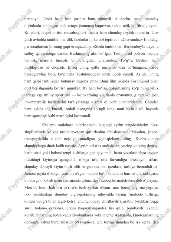 nda, ularda jamoaviylik ko‘nikmasi shakllanadi. qarang, juda oddiy o‘yin, ammo uning foydasi beqiyos. yana bir ijobiy jihati shuki, bu o‘yinda bolalar (odamlar) bir-birlarini qiynamaydi, ozor bermaydi. unda hech kim jarohat ham olmaydi. aksincha, mana shunday o‘yinlarda toblangan bola ertaga jismonan baquvvat, ruhan tetik bo‘lib ulg‘ayadi. ko‘pkari, arqon tortish musobaqalari haqida ham shunday deyish mumkin. ular yosh avlodda tantilik, mardlik fazilatlarini kamol toptiradi. «chavandoz» filmidagi personajlardan birining gapi esingizdami: «sizda tantilik oz, beshimboy!» deydi u salbiy qahramonga qarata. beshimning aksi bo‘lgan toshmurod polvon haqiqiy tantilik, mardlik timsoli. u bolaligidan chavandoz. to‘g‘ri, beshim ham yoshligidan ot chopadi. biroq uning qalbi unchalik toza bo‘lmagani, ozroq hasadgo‘yligi bois, ko‘pincha toshmuroddan ortda qolib yuradi. aslida, uning ham qalbi tantilikdan butunlay begona emas. buni film oxirida toshmurod bilan qo‘l berishganida ko‘rish mumkin. bu ham bo‘lsa, xalqimizning ko‘p ming yillik tarixga ega milliy sport turi — ko‘pkarining yigitlarda or-nomus, g‘ayrat-shijoat, javonmardlik fazilatlarini tarbiyalashga xizmat qiluvchi jihatlaridandir. chindan …