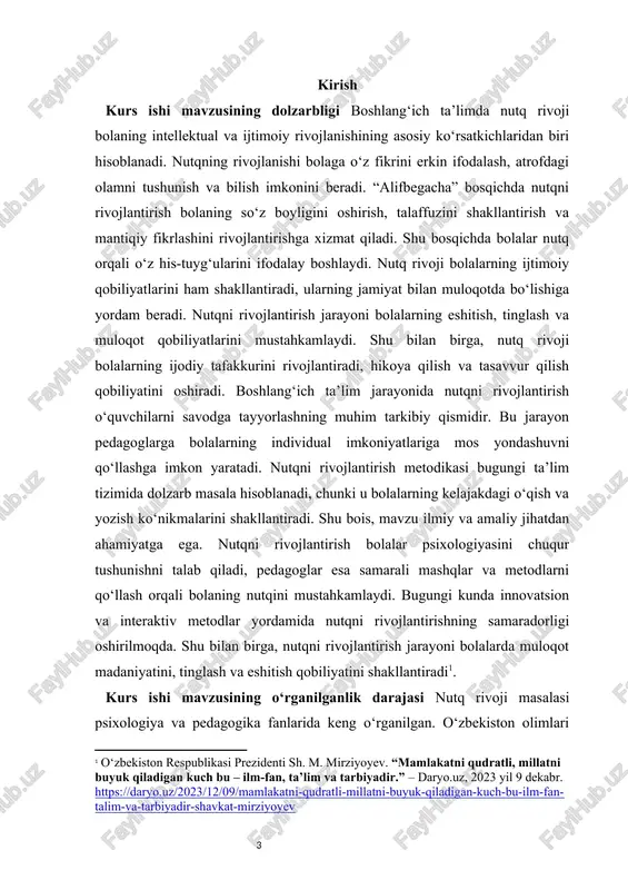 h va amaliy tavsiyalar ishlab chiqish talab qilinadi. shu bois, kurs ishida mavzuni ilmiy va metodik jihatdan chuqur tahlil qilish imkoniyati mavjud. tadqiqotlar nutq rivojini shaxsning psixologik va ijtimoiy xususiyatlari bilan bog‘liq ekanini ko‘rsatadi. shu sababli, nutqni rivojlantirish metodikasi pedagogik jarayonning muhim qismi sifatida e’tirof etilgan. hozirgi kunda innovatsion texnologiyalar va interaktiv metodlar nutqni rivojlantirish samaradorligini oshirishga xizmat qilmoqda. shu bilan birga, mavzuga oid ilmiy adabiyotlar va pedagogik tajribalarni tahlil qilish kurs ishining nazariy asosini tashkil qiladi. mavzuni o‘rganish pedagogik amaliyotda bolalarning nutqini samarali rivojlantirishga yordam beradi. shu bois, mavzu nafaqat nazariy, balki amaliy jihatdan ham dolzarbdir. kurs ishi mavzusining nazariy va amaliy ahamiyati kurs ishining nazariy ahamiyati shundaki, u boshlang‘ich ta’limda nutq rivojini psixologik va pedagogik nuqtai nazardan tahlil qilish imkonini beradi. tadqiqot nutqni rivojlantirishning asosiy tamoyillari, metodik bosqichlari va mashqlar turini o‘rganishga qaratilgan. nazariy jihatdan, ish bolalarning mantiqiy fikrlashini, so‘z boyligini va talaffuz qobiliyatini shakllantirish usullarini aniqlashga xizmat …