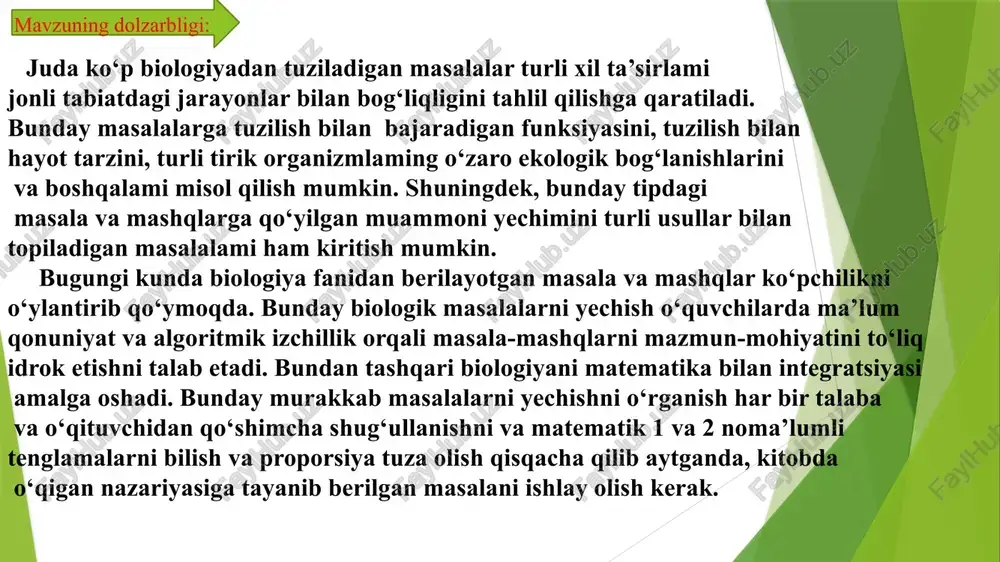 giya ajratadi. o‘quvchi 10 g yog‘ iste’mol qilgan bo‘lsa, ajralib chiqqan energiyani hisoblang. 4-masala: katta odamning buyrak nefronlarida uzluksiz siydik filtrlanishi natijasida bir sutkada o‘rtacha 100 litr birlamchi siydik hosil bo‘ladi. uning 98,5 – 99 litr kalavasimon kanalchalari devori orqali qancha qayta so‘riladi., qolgan 1 – 1,5 litr esa ikkilamchi siydik sifatida tashqariga chiqadi insonda 1 soatda, 1 oyda, 1 yilda qancha siydik ajraladi? 4-masala: katta odamning buyrak nefronlarida uzluksiz siydik filtrlanishi natijasida bir sutkada o‘rtacha 100 litr birlamchi siydik hosil bo‘ladi. uning 98,5 – 99 litr kalavasimon kanalchalari devori orqali qancha qayta so‘riladi., qolgan 1 – 1,5 litr esa ikkilamchi siydik sifatida tashqariga chiqadi insonda 1 soatda, 1 oyda, 1 yilda qancha siydik ajraladi? 5-masala: katta odamda bir sutkada 500 ml ter ajraladi va uning tarkibida 2 gramm osh tuzi 1 gramm atrofida azot qoldig‘i bor. bir oy davomida ajraladigan ter tarkibida qancha tuz va azot qoldig‘i bo‘ladi? 6-masala. …