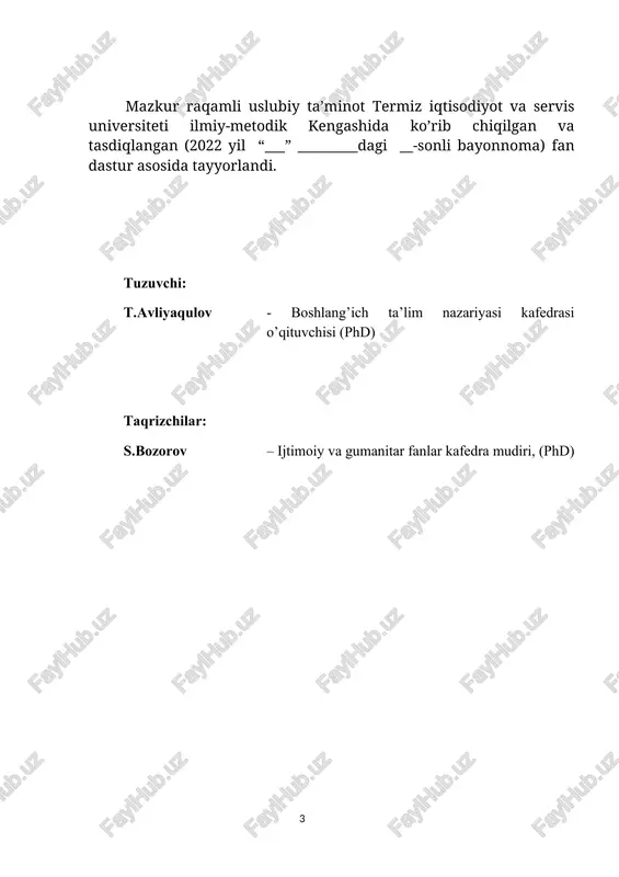 hg’ulot materiallari .................................................... amaliy mashg’ulot 1: o‘zbekiston respublikasida tarbiya jarayonining hozirgi bosqich muammolari.................................................................................................... 183 amaliy mashg’ulot 2: milliy tarbiya konsepsiyasi. ...................................................... 184 amaliy mashg’ulot 3: jahon tarbiyaviy konsepsiyalari namunalarining qiyosiy-pedagogik tahlili............................................................................................................. 188 amaliy mashg’ulot 4: ilg‘or xorijiy tajribalar asosida tarbiya jarayonini samaradorligini oshirish ………………...................................................................... 190 amaliy mashg’ulot 5: boshlang‘ich sinf o‘quvchilarida muvaffaqiyatga erishishga intilish motivini shaxsning ustuvor xususiyati sifatida ……………… 193 amaliy mashg’ulot 6: o‘quvchilarida ijtimoiy kompetensiyalarni shakllantirishda ta’lim texnologiyalaridan foydalanish. (1-4-sinflar)…………………………… 195 amaliy mashg’ulot 7: o‘quvchilarda ijobiy fazilatlarni shakllantirish...................... 198 amaliy mashg’ulot 8: ta’lim-tarbiya jarayonida milliy qadriyatlarning o‘rni… 200 amaliy mashg’ulot 9: “oila, mahalla va ta’lim muassasasi hamkorligi” konsepsiyasi................................................................................................................... 202 amaliy mashg’ulot 10: yunisef xalqaro tashkiloti faoliyatida yoshlarni xuquqiy himoya qilish masalalari ….......................................................................................... 203 amaliy mashg’ulot 11: 1-sinf “tarbiya” darsligini tahlil qilish ……....................... 206 amaliy mashg’ulot 12: 2-sinf “tarbiya” darsligini tahlil qilish................................. 207 amaliy mashg’ulot 13: 3-sinf “tarbiya” darsligini tahlil qilish................................ 208 amaliy mashg’ulot 14: 4-sinf “tarbiya” darsligini tahlil …