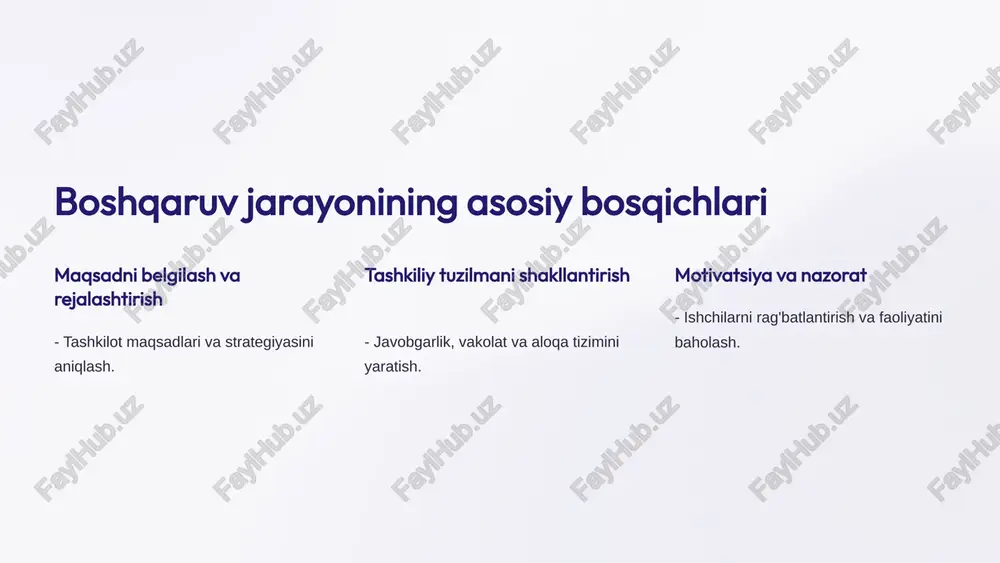 orligini oshiradi. innovatsion g'oyalarni qo'llash yoki yangi yechimlarni qidirish orqali muammolarni hal qilish mumkin. tashkilotlardagi kreativ muhit, raqobatbardosh g'oyalar va jamoaviy ijodkorlik innovatsion yondashuvni rag'batlantiradi. innovatsion boshqaruv tashkilot barqarorligini ta'minlash, yangi imkoniyatlarni aniqlash va iste'molchi ehtiyojlariga tezkor javob berish uchun muhimdir. 12 boshqaruv faoliyatida xavfsizlik masalalari maxfiylikni ta'minlash - tashkilotning muhim ma'lumotlarini himoya qilish. risklar boshqaruvi - oldini olish va boshqarish usullarini qo'llash. inzibatiy nazorat - xodimlar harakatlarini va raqamli aktivlarni monitoring qilish. insoniy xavfsizlik - xodimlarning sog'lig'i va xavfsizligini ustuvor qilish. 13 boshqaruv samaradorligini baholash tashkilot maqsadlariga erishish darajasi, xodimlar samaradorligi va moliyaviy natijalarni doimo nazorat qilish zarur. boshqaruv sifatini oshirish uchun muntazam ravishda baholash va tahlil qilish amalga oshirilishi kerak. samaradorlik ko'rsatkichlarini o'rnatish, kuchli va zaif tomonlarni aniqlash boshqaruv jarayonini yaxshilashga yordam beradi. 14 xulosa va tavsiyalar boshqaruv psixologiyasi – samarali boshqaruv uchun zarur bilim va ko'nikmalarni beradi. tashkilotning barcha bo'g'inlari orasidagi samarali aloqa va hamkorlik - muvaffaqiyat …