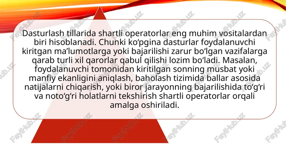 ur “son musbat” degan natijani chiqaradi, aks holda “son manfiy yoki nol” natijasi ekranga chiqadi. yana bir misol sifatida sonning juft yoki toqligini tekshirish mumkin. bu holatda sonni 2 ga bo‘lgandagi qoldiq asosiy shart bo‘lib xizmat qiladi: son = int(input("son kiriting: ")) if son % 2 == 0: print("son juft") else: print("son toq") bu yerda oddiy shart sifatida son % 2 == 0 tekshirilyapti. agar son 2 ga bo‘lganda qoldiq 0 bo‘lsa, son juft deb chiqadi, aks holda toq son ekanligi aniqlanadi. oddiy shartlar faqat sonlar bilan emas, balki matnlar yoki boshqa ma’lumot turlari bilan ham ishlatiladi. masalan, foydalanuvchi kiritgan parolning uzunligini tekshirishda shart quyidagicha ifodalanadi: parol = input("parol kiriting: ") if len(parol) >= 6: print("parol qabul qilindi") else: print("parol juda qisqa") bu misolda len(parol) >= 6 oddiy shart hisoblanadi. agar parol uzunligi 6 belgidan katta yoki teng bo‘lsa, u qabul qilinadi, aks holda parolning juda qisqa ekanligi haqida xabar …