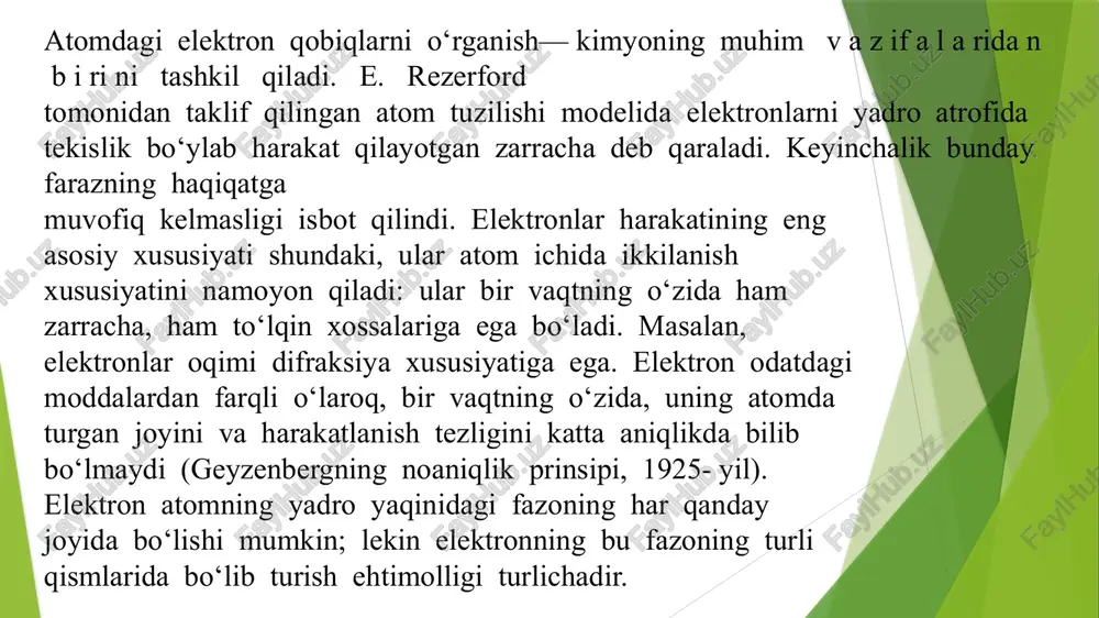 i mumkin. lekin bu holatlar o‘zaro teng qiymatli emas; ular energiyaning minimumiga intilish prinsipiga rioya qilgan holda elektronlar bilan to‘lib boradi. klechkovskiy qoidasiga muvofiq, atomda energetik holatlarning elektronlar bilan to‘lib borish tartibi atomning bosh va yonaki kvant sonlari yig‘indisining minimal qiymatli bo‘lishi uchun intilishiga bog‘liq; boshqacha aytganda, ikki holatning qaysi biri uchun (n+ l) yig‘indisi kichik bo‘lsa, o‘sha holat, birinchi navbatda, elektronlar bilan to‘la boshlaydi; agar ikkala holat uchun (n + l) qiymati bir-biriga teng bo‘lsa, birinchi navbatda, bosh kvant soni n kichik bo‘lgan holat elektronlar bilan to‘lib boradi. (n + l) yig‘indisining minimal qiymati birga teng bo‘lganligi uchun vodorod atomining yagona elektroni shunday holatda bo‘ladiki, undan = 1,l = 0 va m = 0 dir. vodorod atomining turg‘un holati 1s1 simvoli bilan belgilanadi, bu simvolda birinchi o‘rinda turgan arab raqami„1“ bosh kvant son qiymatini ko‘rsatadi, s harfi orbital kvant soni va orbitalning shaklini xarakterlaydi,s harfining tepasidagi daraja esa elektronlar …