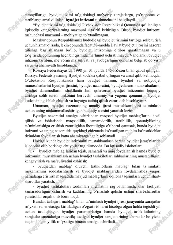 suveren davlat maqomiga ega bo’ldi. o’zbekistonning mahalliy davlat xokimiyat idoralari - viloyatlar, shahar va tumanlar bilan o’zaro munosabatlari yangicha iqtisodiy asoslarda qayta tashkil etildi. respublika o’z daromadlarini mustaqil tasarruf etadigan, o’z xarajatlarini to’la-to’kis o’zi qoplaydigan bo’lib qoldi. bularning hammasi davlatning zaruriy xususiyati sanaluvchi byudjet va byudjet jarayonida o’z aksini topmasligi mumkin emas edi. jumladan, sobiq ittifoq davlat byudjetidan farq qilib, o’zbekiston respublikasi byudjeti davlatning yagona pul jamg’armasi hisoblanmaydi. o’zbekiston respublikasi fuqarolik kodeksining 213-moddasiga muvofiq, davlat mulki respublika mulki va ma’muriy-xududiy tuzilmalar mulki (munitsipial mulk)dan iborat. shu tufayli mahalliy davlat idoralari byudjeti ham mustaqil bo’lib, yuqori turuvchi davlat idoralari byudjetining tarkibiy qismi hisoblanmaydi. ammo bu narsa markazlashtirilgan holda byudjet masalalariga yondoshishlikni istisno qilmaydi. shunga e’tiborni qaratishni istar edikki, byudjet tizimini nisbatan boshqacharoq ta’rifga asoslanuvchi munosabatlar sifatida ham qaraydigan mualliflar uchraydi. masalan, o.g. bejaev “iqtisodiy munosabatlar asoslanuvchi, huquq me’yorlari bilan tartibga solib turiluvchi, nodavlat byudjet fondlari byudjetlarini qamrab oluvchi mamlakat hududidagi mavjud …