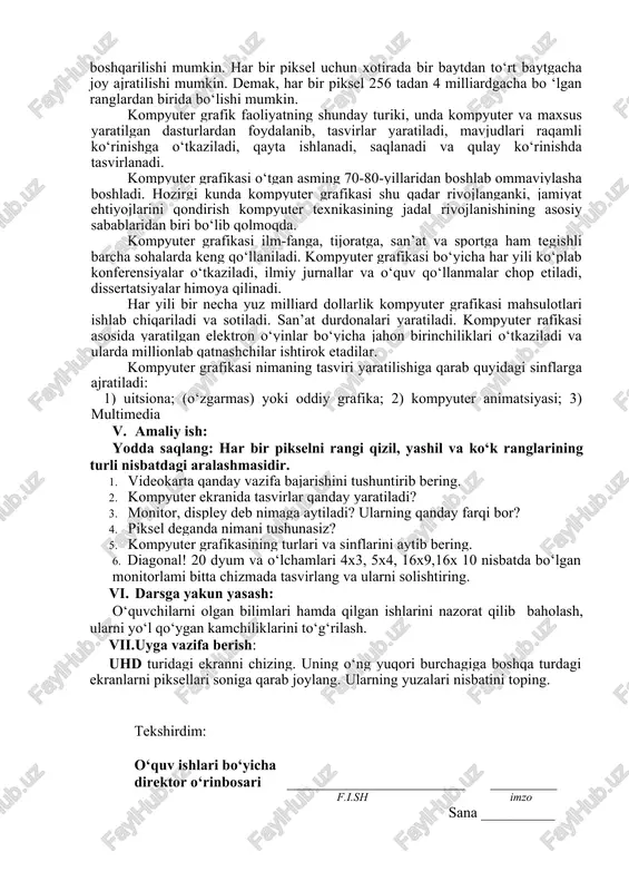 21x9 nisbatlilari o‘ta keng, 5x4 nisbatlilari kvadrat displeylar deb ataladi. piksellar soni bo‘yicha displeylardan keng tarqalganlari va ularning nomlari quyida keltirilgan; 320x240 cga (color graphic adapter- rangli grafik qurilma); 640x480 vga (video graphic adapter - video grafik qurilma); 800x600 svga (super vga); 1024x768 xvga (extended vga- kengaytirilgan vga); 1280x720 hd (high defenition- yuqori aniqlik); 1280x800 hd+ (hd dan ko ‘proq); 1366x768 wxvga(wide xvga-keng xvga); 1440x900 hd++ (hd dan yanada ko‘proq); 1600x900 hd+++ (hd dan yanada ko‘proq); 1920x1080 fhd(full hd-to‘liqhd); 2560x1440 qhd (quadra hd- to‘rtlangan hd); 3840x2160 4k (4 kilo-to‘rtmingustun)yokiuhd (ultra hd-o‘ta hi)). displey ekrani satrlarga va ustunlarga ajralib chiqilgan bo‘lib, bar bir qator va ustun kesishgan joyda piksel deb ataluvchi juda kichik tasvir bo‘laklari joylashgan. piksellarning har biri alohida manzilga ega va mustaqil boshqarilishi mumkin. har bir piksel uchun xotirada bir baytdan to‘rt baytgacha joy ajratilishi mumkin. demak, har bir piksel 256 tadan 4 milliardgacha bo ‘lgan ranglardan birida bo‘lishi …