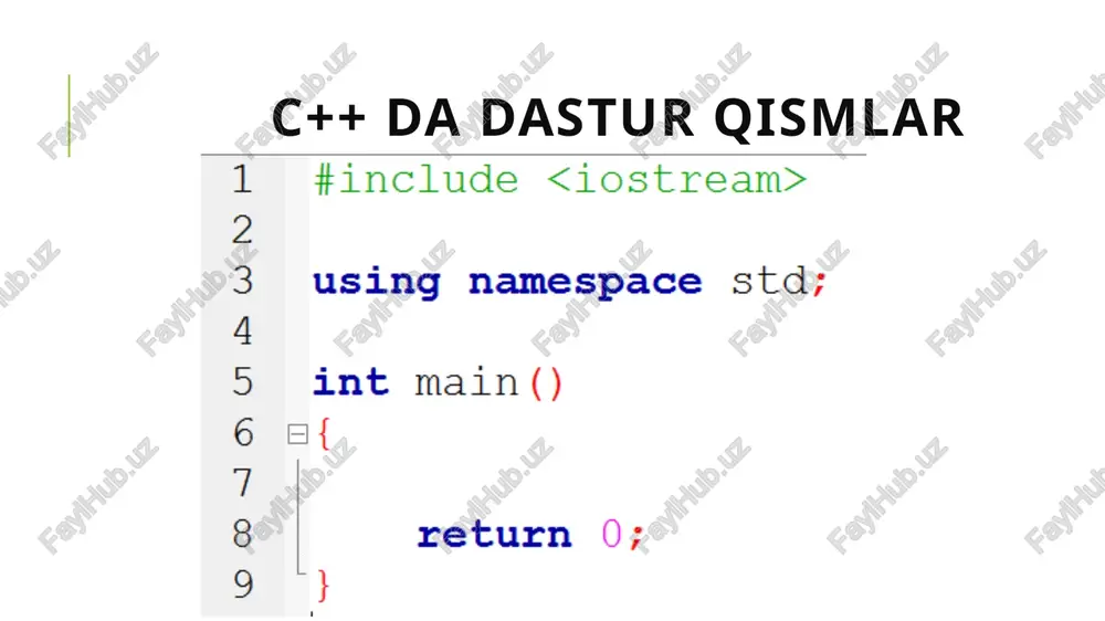 tandart oqimga chiqarish uchun ishlatiladi. funktsiya iostream.h modulida joylashgan bo’lib, umumiy ko’rinishi quyidagichadir: printf(control,arg1,arg2,…) control boshqaruvchi qator deb atalib ikki turdagi simvollardan iborat bo’ladi: oddiy chiqariluvchi simvollar va navbatdagi parametrni o’zgartirib chiqaruvchi spetsifikatsiyalar. 17 malumotlarniformatlab chiqarish har bir spetsifikatsiya % simvolidan boshlanib o’zgartirish turini ko’rsatuvchi simvol bilan tugaydi. % belgisi va o’zgartirish orasiga quyidagi simvollarni qo’yish mumkin.. maydon minimal uzunligini ko’rsatuvchi raqamlar qatori. biror qatordan qancha simvol ajratib olish lozimligini hamda float yoki double tipidagi sonlarda nuqtadan keyin qancha kasr raqamlari bosib chiqarilishini ko’rsatuvchi ko’rsatuvchi raqamlar ketma - ketligi. 18 malumotlarniformatlab chiqarish chiqarilayotgan son long tipiga tegishli ekanligini ko’rsatuvchi uzunlik markeri – l. o’zgartirish simvollari quyidagilardan iborat. d – parametr o’nli butun songa aylantiriladi. o – parametr ishorasiz va birinchi raqami 0 bo’lmagan sakkizlik songa aylantiradi. x – parametr ishorasiz va 0x belgisiz o’n oltilik songa aylantiradi. h – parametr ishorasiz o’nlik songa aylantiradi. c – parametr bitta simvol deb …