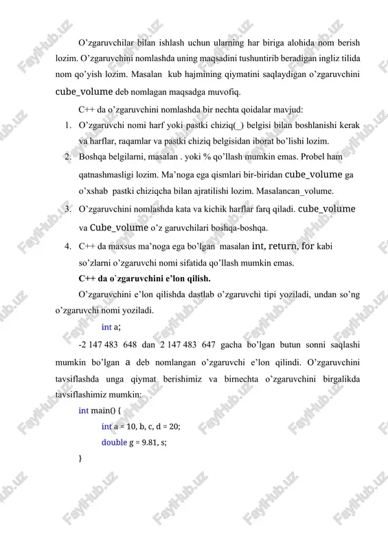 hi kerak. #include using namespace std; int main() { int a, b; cin>>a>>b; int c = a + b; cout - kiritish chiqarish(cin, cout)bilan ishlash uchun e’lon qilinadigan kutibxona. using namespace std – standart kutibxonalardan foydalanganda har bir dasturda uni yozish lozim int a, b – a va b o’zgaruvchilarni tavsiflash cin>>a>>b cin – oz’garuvchilar qiymatlarini kiritish uchun xizmat qiladi. dastlab kiritilgan sonni a o’zgaruvchi , keying kiritilgan sonni b o’zgaruvchi o’zida saqlaydi. sonlarni probel yoki enter bilan ajratilagan holda kiritish mumkin. int c = a + b – o’zgaruvchi a va b larning qiymatlari yig’indisini o’zlashtiradi. bunda a va b larning qiymatlari o’zgarmaydi. cout int main() { int num = -27; int number = 27; float f = 123.456; char r = 'a'; char str[4] = "abc"; printf("%d\n",num); /* -27 */ printf("%u\n",number); /* 27 */ printf("%o\n",number); /* 33 */ printf("%x\n",number); /* lb */ printf("%f\n",f); /* 123.456001 */ printf("%e\n",f); /* …
