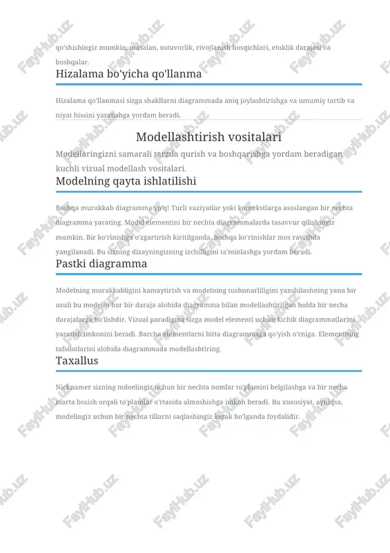 alar bo'ylab model elementlarini qayta ishlatish uchun loyihalar o'rtasida havolalarni saqlang. mantiqiy ko'rinish mantiqiy ko'rinishlar orqali modelingiz haqida o'zingizning "ko'rinishlaringizni" saqlang. siz xohlagancha ko'p mantiqiy ko'rinishlarni yaratishingiz mumkin. model explorer xususiyatlar.visual-modeling-tool.modeling-tools.model-explorer.desc notation qamrovi mukofotga sazovor bo'lgan modellashtirish dasturi sifatida visual paradigm loyihangizning boshidan oxirigacha modellashtirish ehtiyojlarini qo'llab-quvvatlaydigan keng ko'lamli standartlar va mashhur diagramma turlarini qo'llab-quvvatlaydi. tizim dizayni osonlik bilan sifat tizimi modelini yarating. uml, sysml, dfd, erd, orm diagrammasi, soaml kabi standartlar bilan tizim tahlili va dizaynni amalga oshiring. biznes dizayni bpmn bpd bilan ish jarayoni va operatsiyalarni ingl. mijozlarning sayohat xaritasi yordamida mijozlar tajribasini tahlil qiling. shuningdek, siz epc, process map, fact model yaratishingiz mumkin. loyiha boshqaruvi loyihangizni turli xil loyihalarni boshqarish diagrammalari va vositalari bilan rejalashtiring: ishni taqsimlash tuzilmasi, tashkilotlar jadvali, amalga oshirish rejasi, o'tish rejasi, aql xaritasi, fishbone, spider chart va boshqalar. korxona arxitekturasi visual paradigm enterprise - the open group tomonidan sertifikatlangan archimate korporativ arxitektura vositasi. …
