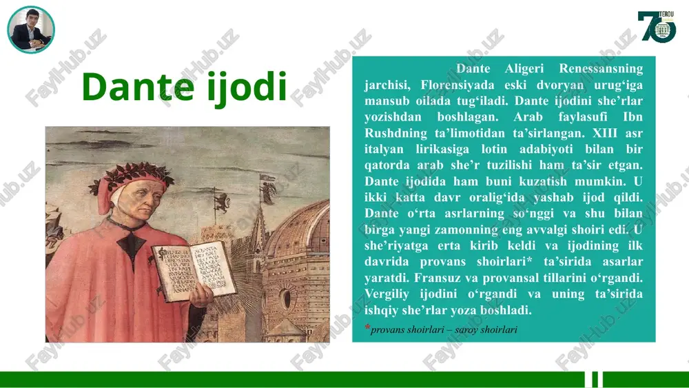 sih va bibi maryam ismlari biror marta tilga olinmaydi, ular yulduzlar timsolida gavdalanadi. *kantik – qism, bo‘lim; *kanson – qo‘shiq; *tersina – uch misrali band; *troitsa – uchlik; “ilohiy komediya” g‘oyasi poemada aslida zamon ruhiyatini aks ettirish g‘oyasi bo‘lsa-da, uning mazmunida o‘rta asr sxolastik (diniy) ta’limot va ilohiy kuch-qudratning ta’siri katta bo‘lgani sezilib turadi. sababi, o‘rta asr sharq va g‘arb teologiya ilmi va badiiy adabiyotida boqiy dunyoning mavjudligini ulug‘ avliyolar tushida vahiy bo‘lgan voqealar bilan uyg‘unlikda ta’riflash odati yetakchi an’ana tusini olgandi. shu bois, danteshunos olimlar “ilohiy komediya”ning yaratilishida muallif, avvalo, o‘rta asr sharq adabiyotidagi “tushda ayon bo‘lish”, ya’ni boqiy dunyoning do‘zax, a’rof va jannatida kechayotgan hayot manzaralarining tasviri asosiy turtki bo‘lgan, degan fikrni bildiradilar. “ilohiy komediya”ning yozilish uslubi doston dantening shoir vergiliy yetakchiligida u dunyoga sayohati tarzida yozilgan. bu shakl sharq obidasi “me’rojnoma” sujetini eslatadi. «komediya» anʼanaviy diniy syujet asosida boʻlsa-da, undagi gumanizm magʻzini real dunyodagi insonlar hayoti tashkil …