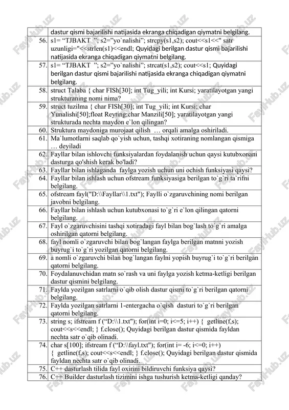 <= sqrt(n); i++) takrorlanish necha marta bajariladi? 147. float n = 2.2; for (int i = floor(n); i < pow(2,2); i++) takrorlanish necha marta bajariladi? 148. for (int i = round(10.8); i < pow(2,4); i++) takrorlash sanagichi vazifasini bajaruvchi o‘zgaruvchining boshlang‘ich qiymati nechaga teng? 149. for (int i = round(2.5); i <= round(7.8); i++) takrorlash sanagichi vazifasini bajaruvchi o‘zgaruvchining boshlang‘ich qiymati nechaga teng? 150. for (int i = round(2.5); i <= round(7.8); i++) takrorlash sanagichi vazifasini bajaruvchi o‘zgaruvchining oxirgi qiymati nechaga teng? 151. for (int i = 2*5; i < round(11.8); i++) cout<<i<<","; quyidagi dastur matni bajarilishi natijasida ekranda chiqadigan natijani qanday?