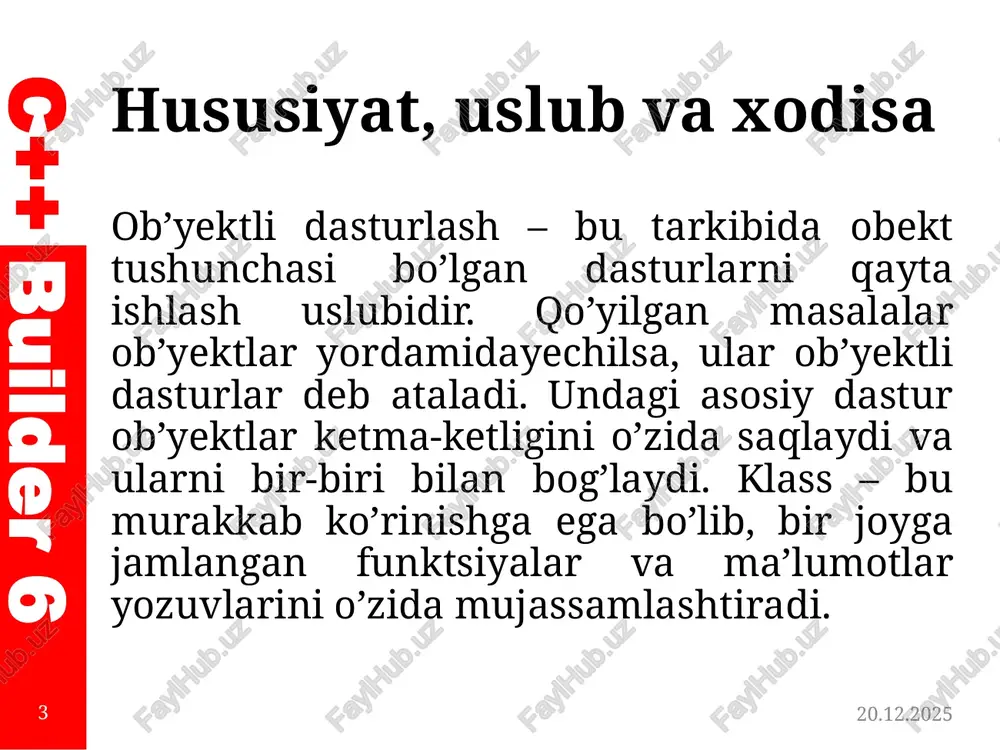 larni saqlaydigan obyektlar ro'yxati. barcha ro'yxatlar, menyular va setlarda ishlatiladi 25.04.2019 9 c++ builder 6 hususiyat, uslub va xodisa hususiyat vazifasi kind ob'yektning turi (turi). turli xil komponentlar uchun turli qiymatlarni qabul qilish mumkin left ob’yektning chap koordinatasi lines qatorlarning ro'yxati. ko'p chiziqli matn elementlarida ishlatiladigan name ob'yektning nomi (ushbu obyektga kirish uchun dasturda ishlatiladigan o'zgarmaydigan nom) options ob'yekt sozlamalari. turli xil komponentlar uchun alohida orientation ob’yektni yo’naltirish. gorizontal (udhorizontal) yoki vertikal (udvertical) picture rasm. grafik faylni, masalan, komponent tasvirini yuklash imkonini beradi 25.04.2019 10 c++ builder 6 hususiyat, uslub va xodisa hususiyat vazifasi position forma uchun - ekrandagi manzil. quyidagi qiymatlarni qabul qiladi: podesigned - dasturni bajarish vaqtida derazaning pozitsiyasi dizayn bosqichida ekrandagi forma pozitsiyasiga mos keladi; podefauft - joylashuv windows tomonidan aniqlanadi; podefauftposonfy - ishlab chiquvchi tomonidan belgilangan o’lchovlar qo’llaniladi; podefaultsizeonly - ishlab chiquvchi tomonidan ko’rsatilgan manzildan foydalaniladi; poscreencenter – ko’p monitorli ekranlar uchun ekranning markazida joylashgan; podesktopcenter …