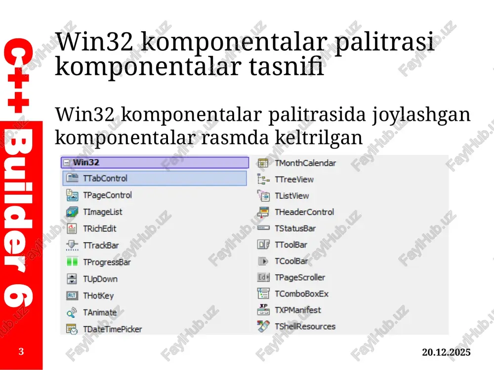 11 c++ builder 6 win32 komponentalar palitrasi komponentalar tasnifi tpagescroller(o'tkazish sahifasi) –butun ekranda mos kelmaydigan elementlarni o'tkazish uchun forma shaklida konteyner hosil qiladi. tcomboboxex(kengayadigan ochiladigan ro'yxat) –formada ochiladigan ro'yxatni yaratishga imkon beradi. 18.04.2022 12 c++ builder 6 system komponentalar palitrasi komponentalar tasnifi system komponentalar palitrasi komponentalari rasmda keltirilgan. 18.04.2022 13 c++ builder 6 system komponentalar palitrasi komponentalar tasnifi maxsus boshqaruv elementlari va interfaol interfeys elementlariga ulanishni ta'minlaydi. ushbu komponentalarni ko’rib chiqamiz. ttimer(taymer) – dasturda vaqt oralig'ini kuzatib turadigan formada ko'rinmas elementni yaratish uchun mo'ljallangan. tpaintbox(rasm ramkasi) – siz jalb qila oladigan forma elementini hosil qiladi. 18.04.2022 14 c++ builder 6 system komponentalar palitrasi komponentalar tasnifi tmediaplayer (multimedia player) –turli formatdagi multimedia fayllarini boshqarish uchun forma shaklini yaratadi. shu bilan siz cd pleer, audio adapter va hokazolarni boshqarishingiz mumkin. tolecontainer (ole konteyner) –windows muhitida turli dasturlarning orasidagi ma'lumotlarni uzatish imkoniyatiga ega bo'lgan ole ob'ektini bog'lash va joylashtirish mexanizmini (ob'ektni ulash va …