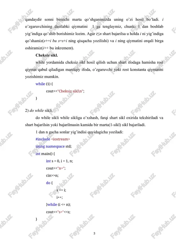tma-ketlikda o’suvchi ketma-ketliklar kamayuvchiga va kamayuvchi ketma-ketliklar o’suvchiga o’zgarishlar soni chop qilinsin. (masalan, 1 ,2, 4, -3, -5, 8 ,4,-5 ketma-ketlikda 3 marta o‘zgaradi) 9. nol bilan tugaydigan, noldan farqli butun sonlar ketma-ketligida ishora o‘zgarishlar soni aniqlansin. (masalan, 1 ,-34, 8 ,4,-5,0 ketma-ketlikda ishora 3 marta o‘zgaradi) 10. butun n (n>1) soni va n ta haqiqiy sonlardan iborat ketma-ketlik berilgan. ketma-ketlikning musbat elementlari orasidan eng kichigi topilsin. 11. raqamlari yig‘indisi n soniga teng (1 2) oraliqdagi barcha tub sonlar chop etilsin 15. berilgan natural sonning barcha tub bo'luvchilari chop etilsin 16. to’rt xonali sonlar ichida raqamlarining 4-darajalari yig’indisiga teng bo’lgan sonlarni chop qilish 17. berilgan, 7 so‘mdan katta bo`lgan har qanday tiyinsiz pul miqdorini 3 va 5 so‘mliklar yig‘indisi bilan qaytimsiz to‘lash mumkinligi isbotlansin, ya’ni berilgan n>7 uchun 3a+5b = n shartni qanoatlantiruvchi musbat butun a va b sonlar juftliklari topilsin 18. hadlar soni ikkitadan kam bo‘lmagan nol bilan tugaydigan …