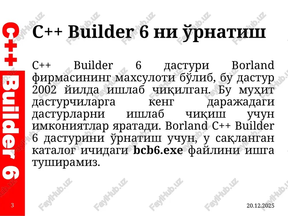 maqsadida ko'plab ilovalar bilan bo'linadi. c++ builder 6 dastur muhitining asosiy menyular tasnifi borland c++ builder bosh menyusi dasturning asosiy buyruqlariga o'tish imkonini beradi va bu buyruqlar guruxlarga birlashti-rilgan. guruhlar tarkibi bilan tanishib chiqamiz. 19.02.2020 24 c++ builder 6 19.02.2020 25 file buyruqlar guruhi; edit buyruqlar guruhi; search buyruqlar guruhi; view buyruqlar guruhi; project buyruqlar guruhi; run buyruqlar guruhi; component buyruqlar guruhi; database buyruqlar guruhi; tools buyruqlar guruhi; window buyruqlar guruhi; help buyruqlar guruhi. c++ builder 6 19.02.2020 26 file buyruqlar guruhi – yangi ilovalar, formalar va modullar yaratish; – yaratilgan ilovalarni va fayllarni ochish; – yaratilgan ilovalarni ochish; – oxirgi qayta ishlangan ilovalarni ochish; – joriy faylni saqlash; – joriy faylni qayta nomlash; ­– joriy ilovani qayta nomlash; – ochiq barcha fayllarni va ilovalarni saqlash; – joriy faylni yopish; – joriy ilovani yopish; – joriy modulga boshqa modulni ulash; – joriy faylni chop etish; – dastur ishini yakunlash. c++ …