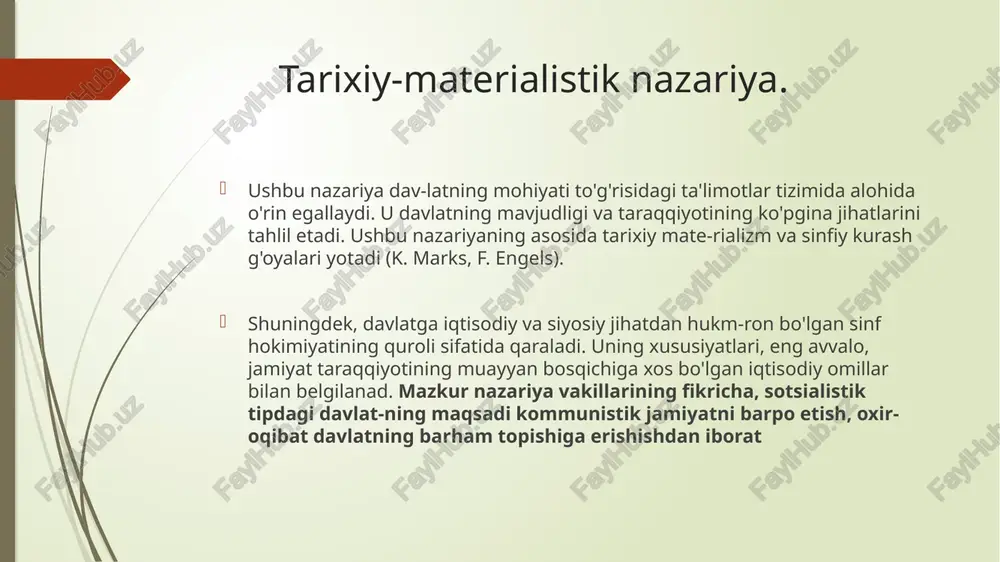 u sababdan kelajakda davlatlarning mohiyati yuqoridagi davlatlarning ijobiy jihatlarini o'zida mujassamlash-tirishi lozim 3.hokimiyat deganda nima tushuniladi? umumiy ma'noda muayyan sub-yektning (individ, jamoa, tashkilot) boshqa subyekt (individ. jamoa, tashkilot) irodasini va yurish-turishini shaxsiy yoki boshqa shaxslarning manfaatlari yuzasidan bo'ysundirishi tushuniladi. 4. hokimiyat qanday hodisa hisoblanadi? ijtimoiy hodisa 5. jamiyat rivojlanishida hokimiyatning qanday o‘rni bor? hokimiyat jamiyat rivojlanishining barcha bosqichlariga xos hodisadir. 6. hokimiyat munosabatlari nechta tomonlama bo‘ladi? ikki tomonlama: bir tomoni hokimiyat subyekti, ikkinchi tomoni esa bo‘ysunuvchi subyektdir. 7. hokimiyatning eng muhim belgilaridan biri nima? uning ma’lum kuchga egaligidir (jismoniy kuch, harbiy kuch, avtoritet kuchi, ishonch, estetik ta’sir va boshqalar). 8. davlat hokimiyati nima? bu davlat kuchiga tayanadigan, hukmronlik va tobelikka asoslanadigan ommaviy-siyosiy munosabatlar tizimidir. 9. davlat hokimiyatining ommaviy-siyosiy xarakteri nimada ko‘rinadi? hokimiyat professional apparat tomonidan amalga oshirilishida. 10. davlat hokimiyati qaysi kuchga tayanadi? davlat kuchiga. /docprops/thumbnail.jpeg daviat tushunchasi, belgilari, mohiyati va tiplari