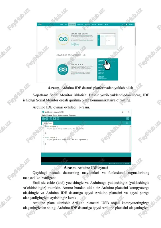 . 4-rasm. arduino ide dasturi platformadan yuklab olish. 5-qadam: serial monitor ishlatish: dastur yozib yuklandiqdan so‘ng, ide ichidagi serial monitor orqali qurilma bilan kommunikatsiya o‘rnating. arduino ide oynasi ochiladi: 5-rasm. 5-rasm. arduino ide oynasi quyidagi rasmda dasturning maydonlari va funktsional tugmalarining maqsadi ko‘rsatilgan: endi siz eskiz (kod) yozishingiz va arduinoga yuklashingiz (yuklashingiz /o‘chirishingiz) mumkin. ammo bundan oldin siz arduino platasini kompyuterga ulashingiz va arduino ide dasturiga qaysi arduino platasini va qaysi portga ulanganligingizni aytishingiz kerak. arduino plata ulanishi: arduino platasini usb orqali kompyuteringizga ulaganingizdan so‘ng, arduino ide dasturiga qaysi arduino platasini ulaganingizni ko‘rsatishi kerak. buning uchun quyidagi rasmda ko‘rsatilgandek " instrumenti> plata > nazvanie vashey plati " menyusidagi bo‘limdan kerakli platani tanlang:6-rasm. 6-rasm. arduino plata ulanishi: endi siz arduino platasi ulangan com portini tanlashingiz kerak. buni amalga oshirish uchun, quyidagi rasmda ko‘rsatilgandek, " instrumenti> port > nomer dostupnogo porta " menyusidagi mavjud portlar ro‘yxatidan kerakli com-portni tanlang: agar sizning arduino …