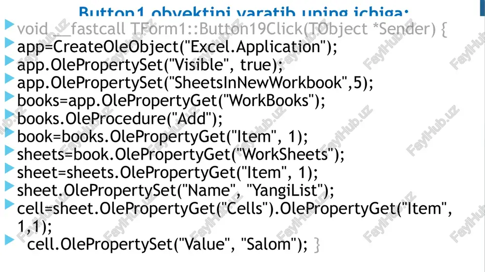 get("workbooks"); books.oleprocedure("add"); book=books.olepropertyget("item", 1); sheets=book.olepropertyget("worksheets"); sheet=sheets.olepropertyget("item", 1); sheet.olepropertyset("name", "yangilist"); cell=sheet.olepropertyget("cells").olepropertyget("item", 1,1); cell.olepropertyset("value", "id"); adotable1->first(); for (int i=0; i recordcount; i++){ cell=sheet.olepropertyget("cells").olepropertyget("item", i+2,1); cell.olepropertyset("value", adotable1->fieldbyname("id")->asvariant); cell=sheet.olepropertyget("cells").olepropertyget("item", i+2,2); adotable1->next(); } } void __fastcall tform1::button19click(tobject *sender) { app=createoleobject("excel.application"); app.olepropertyset("visible", true); app.olepropertyset("sheetsinnewworkbook",5); books=app.olepropertyget("workbooks"); books.oleprocedure("add"); book=books.olepropertyget("item", 1); sheets=book.olepropertyget("worksheets"); sheet=sheets.olepropertyget("item", 1); sheet.olepropertyset("name", "yangilist"); cell=sheet.olepropertyget("cells").olepropertyget("item", 1,1); cell.olepropertyset("value", "¹"); cell=sheet.olepropertyget("cells").olepropertyget("item", 1,2); cell.olepropertyset("value", "familiya"); cell=sheet.olepropertyget("cells").olepropertyget("item", 1,3); cell.olepropertyset("value", "ism"); cell=sheet.olepropertyget("cells").olepropertyget("item", 1,4); cell.olepropertyset("value", "tug'ilgan_sanasi"); cell=sheet.olepropertyget("cells").olepropertyget("item", 1,5); cell.olepropertyset("value", "tel"); adotable1->first(); for (int i=0; i recordcount; i++){ cell=sheet.olepropertyget("cells").olepropertyget("item", i+2,1); cell.olepropertyset("value", adotable1->fieldbyname("¹")->asvariant); cell=sheet.olepropertyget("cells").olepropertyget("item", i+2,2); cell.olepropertyset("value", adotable1->fieldbyname("familiya")->asvariant); cell=sheet.olepropertyget("cells").olepropertyget("item", i+2,3); cell.olepropertyset("value", adotable1->fieldbyname("ism")->asvariant); cell=she