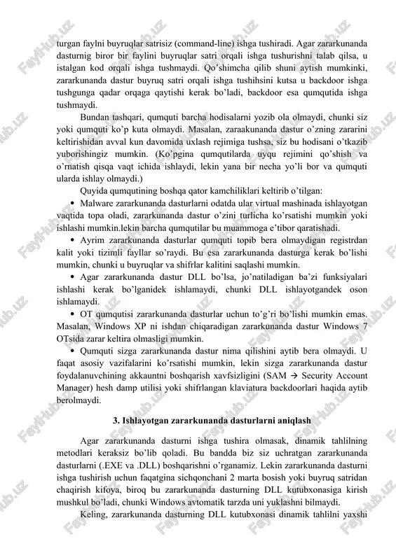 l zararkunanda dasturni tekshirishida hosil bo’lgan natijalar ro’yhati. qumqutining (sandboxes) kamchiligi. qumqutilarning bir qancha kamchiliklari mavjud. masalan, qumquti ishlab turgan faylni buyruqlar satrisiz (command-line) ishga tushiradi. agar zararkunanda dasturnig biror bir faylini buyruqlar satri orqali ishga tushurishni talab qilsa, u istalgan kod orqali ishga tushmaydi. qo’shimcha qilib shuni aytish mumkinki, zararkunanda dastur buyruq satri orqali ishga tushihsini kutsa u backdoor ishga tushgunga qadar orqaga qaytishi kerak bo’ladi, backdoor esa qumqutida ishga tushmaydi. bundan tashqari, qumquti barcha hodisalarni yozib ola olmaydi, chunki siz yoki qumquti ko’p kuta olmaydi. masalan, zaraakunanda dastur o’zning zararini keltirishidan avval kun davomida uxlash rejimiga tushsa, siz bu hodisani o’tkazib yuborishingiz mumkin. (ko’pgina qumqutilarda uyqu rejimini qo’shish va o’rnatish qisqa vaqt ichida ishlaydi, lekin yana bir necha yo’li bor va qumquti ularda ishlay olmaydi.) quyida qumqutining boshqa qator kamchiliklari keltirib o’tilgan: · malware zararkunanda dasturlarni odatda ular virtual mashinada ishlayotgan vaqtida topa oladi, zararkunanda dastur o’zini turlicha …