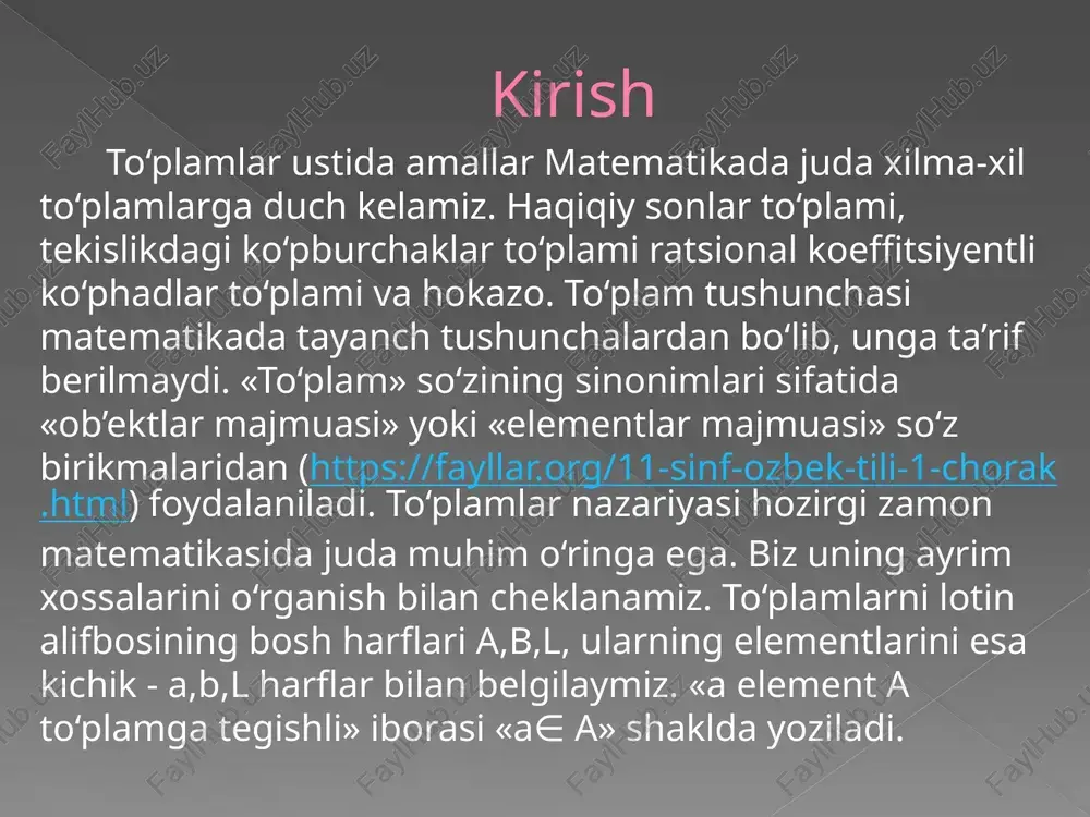 lgan e( f ) to‘plam f funksiyaning qiymatlar sohasi deyiladi, ya’ni e( f ) = {y : y = f (x), x ∈ x}. agar sonli to‘plamlar o‘rnida ixtiyoriy to‘plamlar qaralsa, u holda funksiya tushunchasining umumlashmasi, ya’ni akslantirish ta’rifiga kelamiz. bizga ixtiyoriy x va y to‘plamlar berilgan bo‘lsin. agar har bir x∈ x elementga biror f qoida bo‘yicha y to‘plamdan yagona y element mos qo‘yilsa, u holda x to‘plamda aniqlangan y to‘plamdan qiymatlar qabul qiluvchi f akslantirish berilgan deyiladi. bundan keyin ixtiyoriy tabiatli to‘plamlar bilan ish ko‘ramiz (shu jumladan sonli to‘plamlar bilan ham), shuning uchun ko‘pgina hollarda funksiya termini o‘rniga akslantirish atamasini ishlatamiz. x to‘plamda aniqlangan va y to‘plamdan qiymatlar qabul qiluvchi f akslantirish uchun f : x →y belgilashdan foydalaniladi. biz asosan quyidagi belgilashlardan foydalanamiz. n− natural sonlar to‘plami, z− butun sonlar to‘plami, q− ratsional sonlar to‘plami, r− haqiqiy sonlar to‘plami. r+ = [0,∞), z+ = {0}u n hamda …