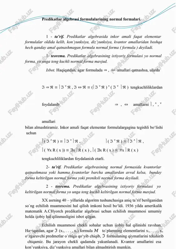 i ko‘rinishda bo‘lsin : 𝐵  x1. . . xn ℑ ( u1, . . . ,up ; p1, . . . , pq ; . . . q1, . . . , qt ) ( 1 ). 𝐵 formulada y1,y2, . . . , yp – o‘zgaruvchi mulohazalar ; p1,p2, . . . , pq – bir o‘rinli predikatlar simvollari va h.k. q1, q2, . . . , qt - m – o‘rinli predikatlar simvollari; ℑ - teorema shartiga ko`ra kvantorsiz formuladir. teorema shartiga ko`ra 𝐵 formula ixtiyoriy bir elementli 𝑀  { a } to`plamda aynan rost. ya’ni ℑ ( u1, . . . ,ur ; r1( a ) , . . . , rq ( a ) ; q1( a, . . . , a ), . . . qt( a, . . . , a ) )  1. faraz qilaylik ( 1 ) formula umumqiymatli …