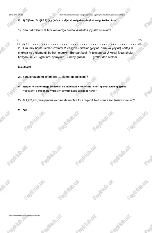 y ni qiymatini toping? · yolg‘on 26. -x ifoda quydagilarda qaysi biriga teng? x -xlx 27. bir o‘rinli munosabatga ... munosabat deyiladi? x binar 28. samarqanddan toshkentga samolyot, avtobus, poyezdda yetib borish mumkin; toshkentdan chirchiqqa esa avtobus yoki elektrichkada borish mumkin. samarqand - toshkent - chirchiq yo‘nalishi bo‘yicha necha xil usulda sayoxat uyushtirish mumkin? · 6 29. in’ektivlik sharti to‘g‘ri ko‘rsatilgan javobni toping? x vx1,x2e dl(f) x1=x2 uchun f(x1)= f(x1) bajarilsa 30. 4 ta turli xatni 4 ta turli konvertga necha xil usulda joylash mumkin? · 24 31. x——y ifoda quydagilardan qaysi biriga teng? · x|-y 32. a={1;3;5;6;8;10}, b={5;6;7;8;10} va c={2;5;7;8;10} to‘plamlar berilgan bo‘lsa, c va a to‘plamlarning ayirmasini toping. · {2;7} 09.12.2021, 20:40 diskret tuzilmalar fanidan oraliq nazorat test topshirig'i | hemis student axborot tizimi 33. a={x: |x - 2| (viev, v2ev) ko‘rinishdagi juftliklar(korteji) bo‘lib, 23. a={1,2,3,a,c} va b={2,a,b} to‘plamlar berilgan bo‘lsa, a va b to‘plamlarning yig‘indisini toping. · …