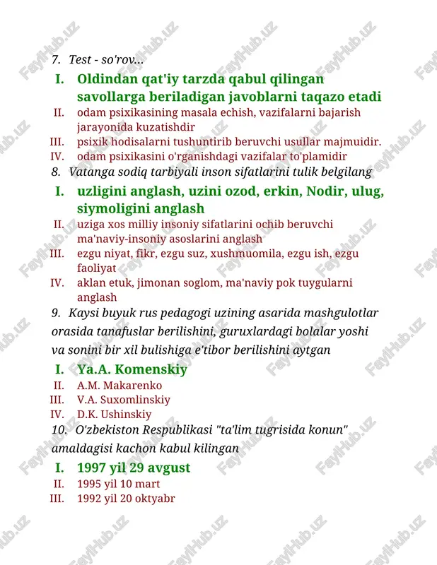 riladi va ularning mazmuni va mavzusi ko'rsatkichlarni diqqat bilan o'rganishni taklif qiladi 14. "klaster" - texnologiyasi qaysi davlatda yaratilgan ? i. aqshda ii. germaniyada iii. frantsiyada iv. rossiyada 15. muammoli o'qitish bu .... i. takomillashgan o'qitish ii. innovasion ta'lim iii. mustaqil ta'lim iv. zamonaviy ta'lim tehnologiyalari 16. ijodiy metod deb nimaga aytiladi. i. ta'lim oluvchining ijodiy mustaqilligini to'la amalga oshiradi ii. ta'lim oluvchining darsdaligini amalga oshiradi iii. ta'lim oluvchilarning samaradorligini oshirish iv. ta'lim oluvchining darsda qatnashishi 17. pedagogika – i. bu shaxsni maqsadini shakllantirish xaqidagi fan ii. bu insonni ichki olami va o'zini tutishi narmallarini o'rganuvchi fan iii. bakalavr va magistirlarni tayyorlashda asosiy rol o'ynovchi fan iv. bu insonning psixologiyasini o'rganuvchi fan 18. shaxs dinamikasi deganda nimani tushuniladi? i. kishining ontogenetik rivojlanishini o'z ichiga olgan holda sub'ektning xususiyatlari va sifatining vaqtga nisbatan o'zgarish jarayoni ii. shaxs tomonidan o'zining axloqiy, ruhiy va ishchanlik qobiliyatining ijtimoiy ahamiyatini, jamiyatdagi o'rnini anglay olish xususiyati …
