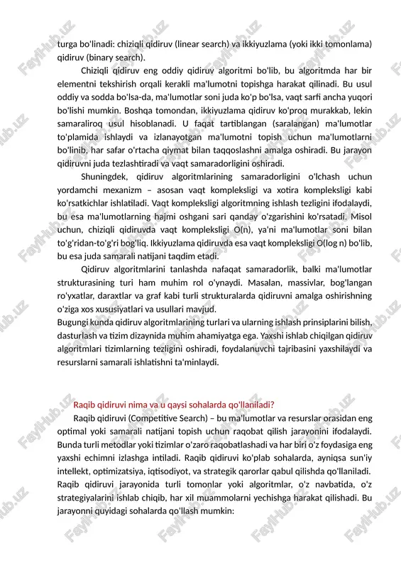 mat yoki go o'yinlarida kompyuter o'yin tizimlari raqibni engish uchun o'z strategiyalarini doimiy ravishda takomillashtirib boradi. bunday tizimlarda har bir raqib yoki agent o'z strategiyasini maksimal darajada rivojlantirishga harakat qiladi. 2. optimallashtirish va resurslarni taqsimlash raqib qidiruvi optimizatsiya muammolarini hal qilishda, ayniqsa, resurslarni taqsimlashda, eng yaxshi yechimni topish uchun ishlatiladi. masalan, logistika va transport tizimlarida yuklarni eng samarali tarzda taqsimlash, ishlab chiqarish jarayonlarida esa resurslarni eng optimal tarzda sarflash uchun raqib algoritmlaridan foydalaniladi. raqib qidiruvi natijasida har bir tomon o'z qarorlarini qabul qilishda resurslarni maksimal darajada samarali ishlatishga intiladi. 3. iqtisodiyot va biznes qarorlari raqobatli muhitda ishlovchi kompaniyalar o'z strategiyalarini raqiblarining harakatlariga qarab shakllantiradilar. masalan, kompaniyalar narxlar, mahsulotlar, xizmatlar yoki marketing strategiyalarini optimallashtirish uchun raqobatni tahlil qiladi. shuningdek, aktsiyalar bozorida investorlar va savdogarlar bir-biriga qarshi ishlaydi va optimal qarorlar qabul qilish uchun turli strategiyalarni sinab ko'radilar. 4. tizimlar va algoritmlar raqib qidiruvi algoritmlarini turli tizimlarda qo'llash mumkin. masalan, mashinada o'qitish …