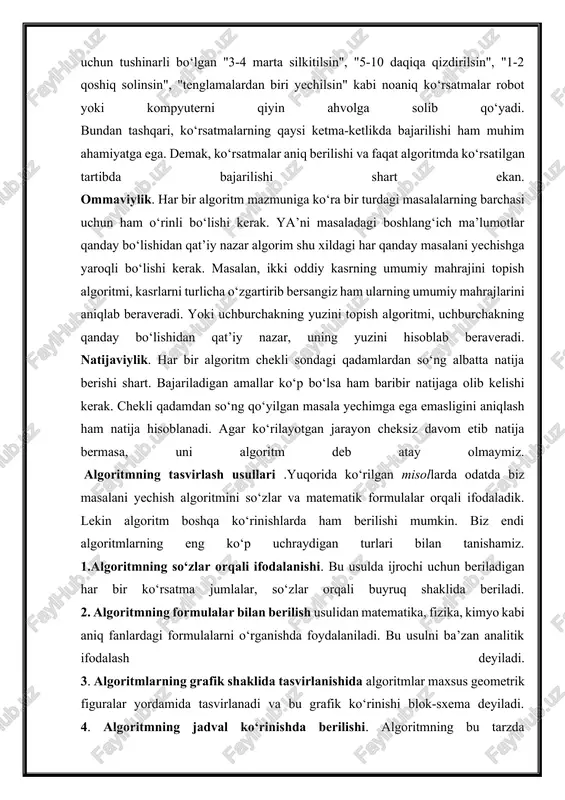 ali ifodaladik. lekin algoritm boshqa ko‘rinishlarda ham berilishi mumkin. biz endi algoritmlarning eng ko‘p uchraydigan turlari bilan tanishamiz. 1.algoritmning so‘zlar orqali ifodalanishi. bu usulda ijrochi uchun beriladigan har bir ko‘rsatma jumlalar, so‘zlar orqali buyruq shaklida beriladi. 2. algoritmning formulalar bilan berilish usulidan matematika, fizika, kimyo kabi aniq fanlardagi formulalarni o‘rganishda foydalaniladi. bu usulni ba’zan analitik ifodalash deyiladi. 3. algoritmlarning grafik shaklida tasvirlanishida algoritmlar maxsus geometrik figuralar yordamida tasvirlanadi va bu grafik ko‘rinishi blok-sxema deyiladi. 4. algoritmning jadval ko‘rinishda berilishi. algoritmning bu tarzda tasvirlanishdan ham ko‘p foydalanamiz. masalan, maktabda qo‘llanib kelinayotgan to‘rt xonali matematik jadvallar yoki turli xil lotereyalar jadvallari. funksiyalarning grafiklarini chizishda ham algoritmlarning qiymatlari jadvali ko‘rinishlaridan foydalanamiz. bu kabi jadvallardan foydalanish algoritmlari sodda bo‘lgan tufayli ularni o‘zlashtirib olish oson. yuqorida ko‘rilgan algoritmlarning tasvirlash usullarining asosiy maqsadi, qo‘yilgan masalani yechish uchun zarur bo‘lgan amallar ketma-ketligining eng qulay holatinni aniqlash va shu bilan odam tomonidan programma yozishni yanada osonlashtirishdan iborat. aslida …