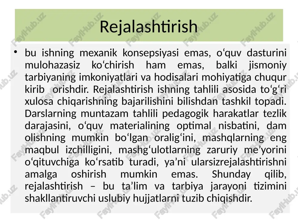 cha maktabning ichki spartakiadasini o‘tkazish. yil davomida ma’muriyat, jismoniy tarbiya o‘qituvchisi hamda sinf rahbarlari ayrim sport turlari bo‘yicha shahar spartakiadasida qatnashish. musobaqa taqvimi bo‘yicha jismoniy tarbiya o‘qituvchisi turistik sayohat va sportga yo‘naltirish bo‘yicha musobaqa iyul ma’muriyat va jismoniy tarbiya o‘qituvchisi 5. targ‘ibot va tashviqot ishlari jismoniy tarbiya burchagini bezash, rekordchilar, diplomlar, faxriy yorliqlar to‘g‘risida stend (maktabning eng yaxshi sportchilari stendi) sentyabr sport kechalarini, sport turlari bo‘yicha viktorinalar, sport kvnlarini o‘tkazish. dekabr, may 6. tibbiy nazorat va tibbiy sanitar ko‘rigi o‘quvchilarni tibbiy ko‘rikdan o‘tkazish va tibbiy guruhlarga bo‘lish. sentyabr maktab shifokori va ma’muriyat . maxsus tibbiy guruh o‘quvchilari sog‘ligini nazorat qilish. xar oyda shifokor o‘quvchilarni yakuniy tibbiy ko‘rikdan o‘tkazish. may maktab shifokori va ma’muriyat 7. xo‘jalik ishlari sport asbob-anjomlari, jixozlarini ta’mirlash yil jismoniy tarbiya va mehnat o‘qituvchisi jismoniy tarbiya bo‘yicha ko‘rgazmali qurollarni tayyorlash. o‘quv yili bo‘yicha jismoniy tarbiya o‘qituvchisi rejalashtirishning aniq hujjatlarini tuzib chiqishda o‘qituvchi qator talablarga rioya qilishga majbur. reja …