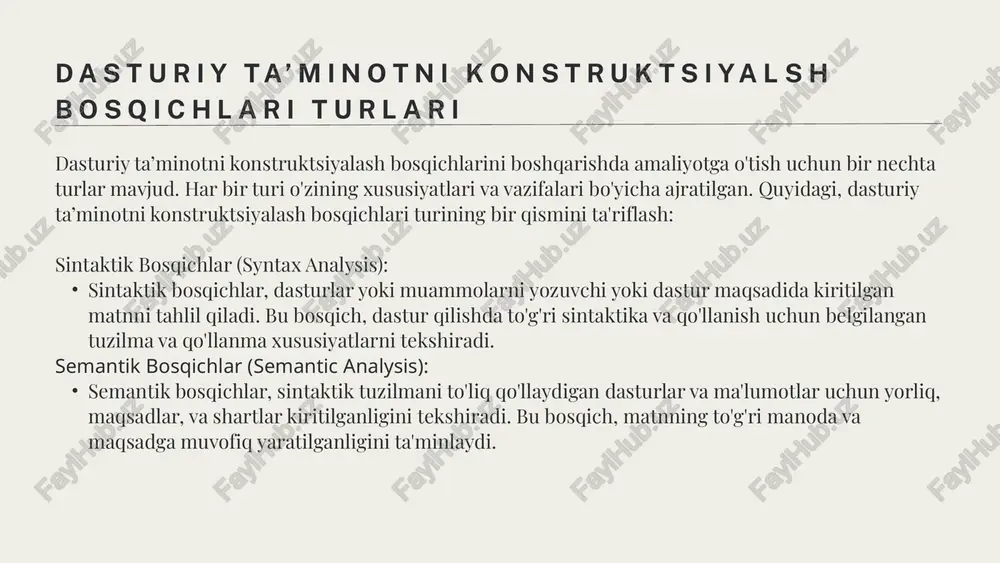 ich dastur tuzilmasining barcha qismlarini tahlil qiladi va ularning to'g'riligini sinovlaydi. parse tree yaratish: yozilgan matnning sintaktik tuzilmasini ifodalayuvchi parse tree yaratish. bu, matnni tahlil qilishda qo'llanadigan bir strukturadir va yozuvchi tomonidan kiritilgan matnning tuzilishini vizual ko'rsatishda foydalaniladi. dastur muammolari va xatoliklarini aniqlash: yozuvchi tomonidan kiritilgan kodning sintaktik tuzilishiga mos kelmagan joylarni aniqlash va dasturning muammolarini, xatolarini aniqlash. bu, dastur yozuvchisiga to'g'ri to'g'ri xato xabarlarini ko'rsatib beradi. sintaktik bosqichlar (syntax analysis) sintaktik bosqichlar (syntax analysis) sintaktik bosqichlar, dastur yozuvchisining sodda va to'g'ri sintaktikaga ega bo'lgan kodni yaratishiga yordam beradi va dastur tuzilmalarining dastur o'zlashtirilishi bosqichida ham muvaffaqiyatli bajarilishiga imkon beradi. "struktura (system design) bosqichi, dastur yaratish jarayonida to'g'ri arxitektura, komponentlar, va ularga o'xshash funksiyalarni ta'rifi qilishda ishlatiladi. bu bosqich, dastur yozilganida muvaffaqiyatli va ishlashga yaroqli bo'lishi uchun o'zgaruvchan struktura va qo'llanmalar to'g'risida ma'lumot beradi. quyidagi vazifalarni bajaradi: arxitekturani tuzish: dastur qanday tuzilishi kerakligini, komponentlar va ularga o'xshash bo'lgan qo'llanmalar qanday …