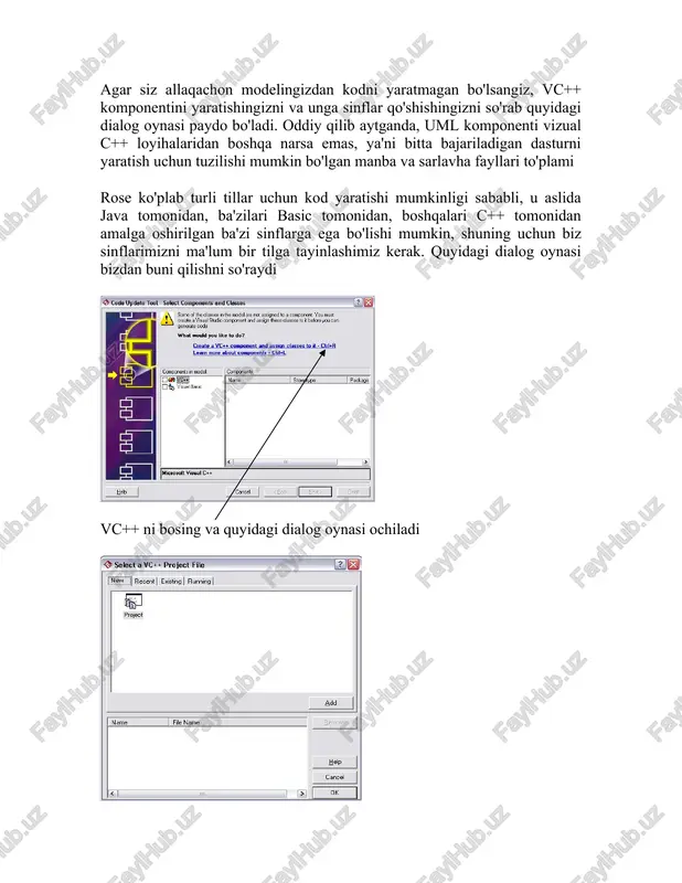 chun kompilyatsiya qilishingiz mumkin, ammo dasturni muvaffaqiyatli qura olmaysiz, chunki sizda funktsiya yo'q main() va ehtimol sizning sinflaringizdagi a'zo funktsiyalarning hech birida ularning ichida kod yo'q, shuning uchun ular hech narsa qilmaydi. rose bu o'xshash manba faylida izohlarda ko'p o'z ichiga e'tibor bering //##modelid=3c5bbf950284 ularni o'chirmang, chunki ular rose tomonidan o'z modelini c++ kod generatori bilan sinxronlashtirish uchun ishlatiladi. bu odatda model yoki kod yangilanganda va boshqasi buni aks ettirish uchun o'zgarishi kerak bo'lganda sodir bo'ladi (keyinroq qarang). modelingizni o'zgartirish va kodni yangilash aytaylik, endi rose-ga qaytdingiz deylik, modelingiz bilan ishlang, masalan. * sinflarni qo'shing * yangi munosabatlarni o'zgartirish/qo'shish * sinfga yangi atributlar yoki funktsiyalarni o'zgartirish/qo'shish shubhasiz, siz ushbu o'zgarishlarni aks ettirish uchun kodni yangilashni xohlaysiz. buni qilish oson, faqat avvalgi bosqichlarni quyida ko'rsatilgandek takrorlang, bu erda yangi sinf joriy qilingan agar modelda yangi sinflar yaratilgan bo'lsa (ushbu misolda bo'lgani kabi), siz ushbu sinflarni biz avvalgidek loyiha/tilga tayinlashingiz kerak bo'ladi, …