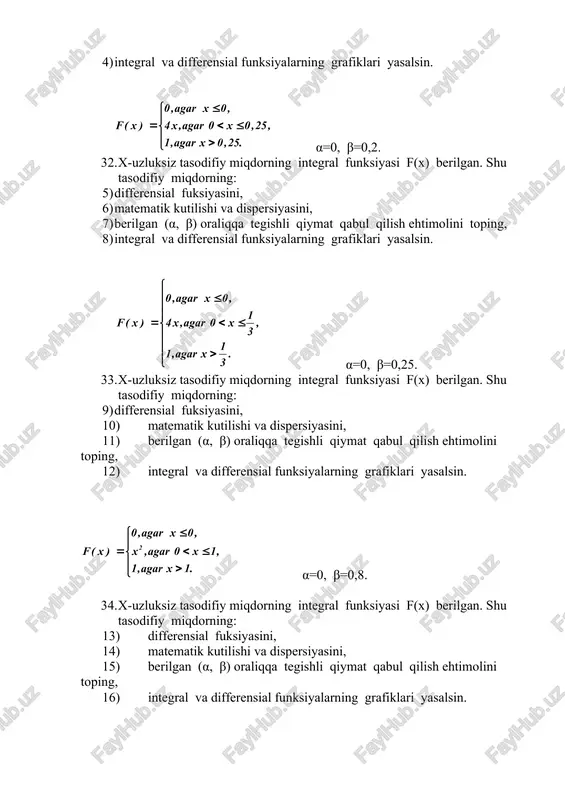 cha? 22. agar har bir tajribada a hodisaning ro`y berish ehtimoli 0,4 ga teng bo`lsa, 12 ta bog`liqsiz tajribalarning 4 tasida u hodisaning ro`y berish ehtimolini toping. 23. agar d(x)=0,5, d(y)=2,4 ga teng bo`lsa, tasodifiy miqdorning dispersiyasi d(z) topilsin. 24. x diskret tasodifiy miqdor ushbu taqsimot qonuni bilan berilgan: x: 2 4 5 6 p: 0,2 0,2 0,1 0,5 matematik kutilmasini toping 25. simmetrik kubning ikki yog‘i ko‘k rangga, uchta yog‘i yashil rangga va bir yog‘i qizil rangga bo‘yalgan. kub bir marta tashlanadi. ustki yoq yashil bo‘lish ehtimolligini toping. 26. ikkita o`yin soqqasi tashlandi. aqalli bitta soqqada 5 ochko tushishi ehtimoli topilsin. 27. yashikda 4 ta oq va 7 ta qora shar bor. undan tavakkaliga ikkita shar olindi. ikkila shar ham oq bo‘lish ehtimolligini toping. 28. agar har bir tajribada a hodisaning ro`y berish ehtimoli 0,5 ga teng bo`lsa, 8 ta bog`liqsiz tajribalarning 6 tasida u hodisaning ro`y berish ehtimolini …