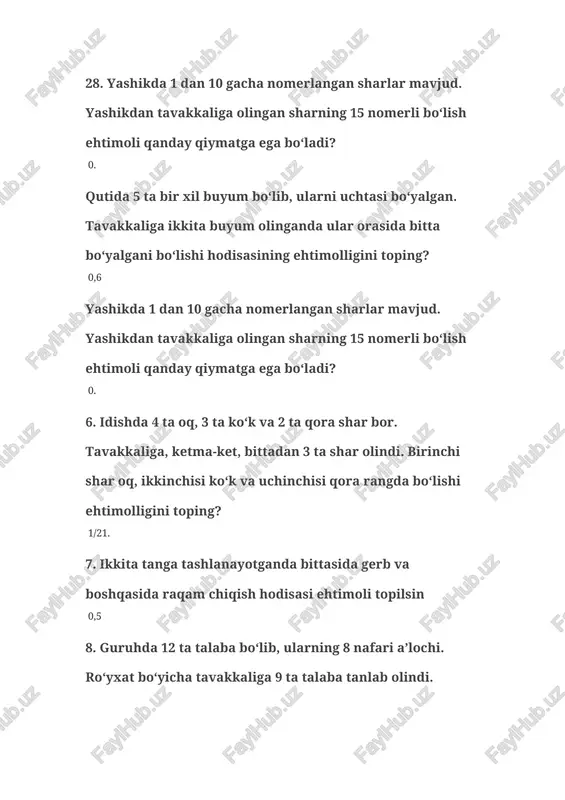 /4 sexda bir necha stanok ishlaydi. smena davomida bitta stanokni ta’mirlash talab etilishi ehtimoli 0,2 ga teng, ikkita staokni ta’mirlash talab etilishi ehtimoli 0,13 ga teng. smena davomida ikkitadan ortiq stanokni ta’mirlash talab etilishi ehtimoli esa 0,07 ga teng. smena davomida stanoklarni ta’mirlash talab etilishi ehtimolini toping? 0,4 8. 6,7,8 raqamlaridan, ularni takrorlanmasdan 3 xonali sonlar tuzilgan. shu tuzilgan uch xonali sonlarning juft raqamlari yonma-yon joylashishi ehtimolligini toping? 2/3. 9. ikkita o‘yin soqqasi tashlanganda tushgan ochkolar yig‘indisi 12 ga bo‘linish ehtimolligini toping? 1/36. 10. talaba matematika fanidan 50 ta savoldan 5 tasini bilmasligi ma’lum bo‘lsa. yozma ish vaqtida talabaga 50 ta savoldan ihtiyoriy bittasi berilsa, shu savolni bilmaslik ehtimolligini toping? 1/10. 11. o‘yin soqqasi 2 marta tashlandi. qancha turli holatlar bo‘lishi mumkin? 36 agar x va y ning matematik kutilmasi m(x)=6, m(y)=9 bo‘lsa, z=2x-y tasodifiy miqdorning matematik kutilmasini toping. 3. uch olim bir-biriga bog‘liq bo‘lmagan holda ma’lum bir fizik kattalikni …
